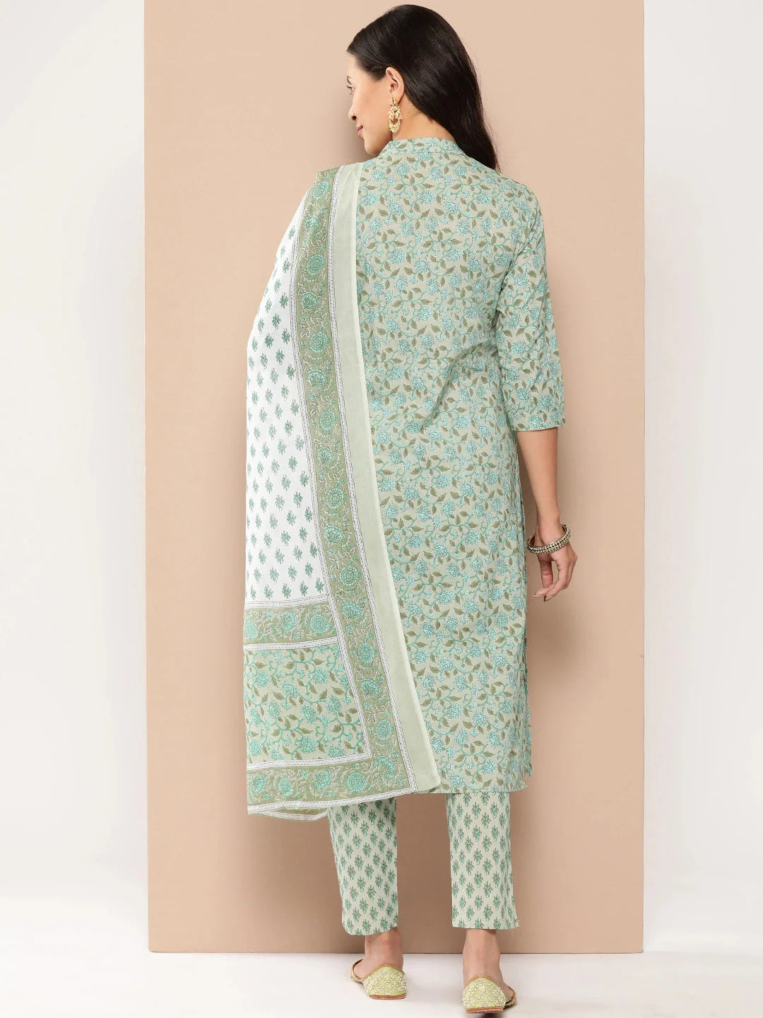 Green Floral Printed Regular Pure Cotton Kurta with Trousers & With Dupatta-Yufta Store-1366SKDGRS