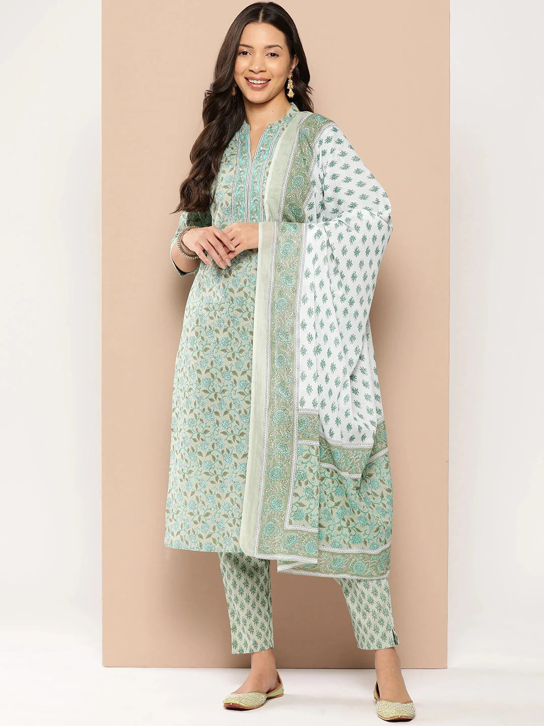 Green Floral Printed Regular Pure Cotton Kurta with Trousers & With Dupatta-Yufta Store-1366SKDGRS