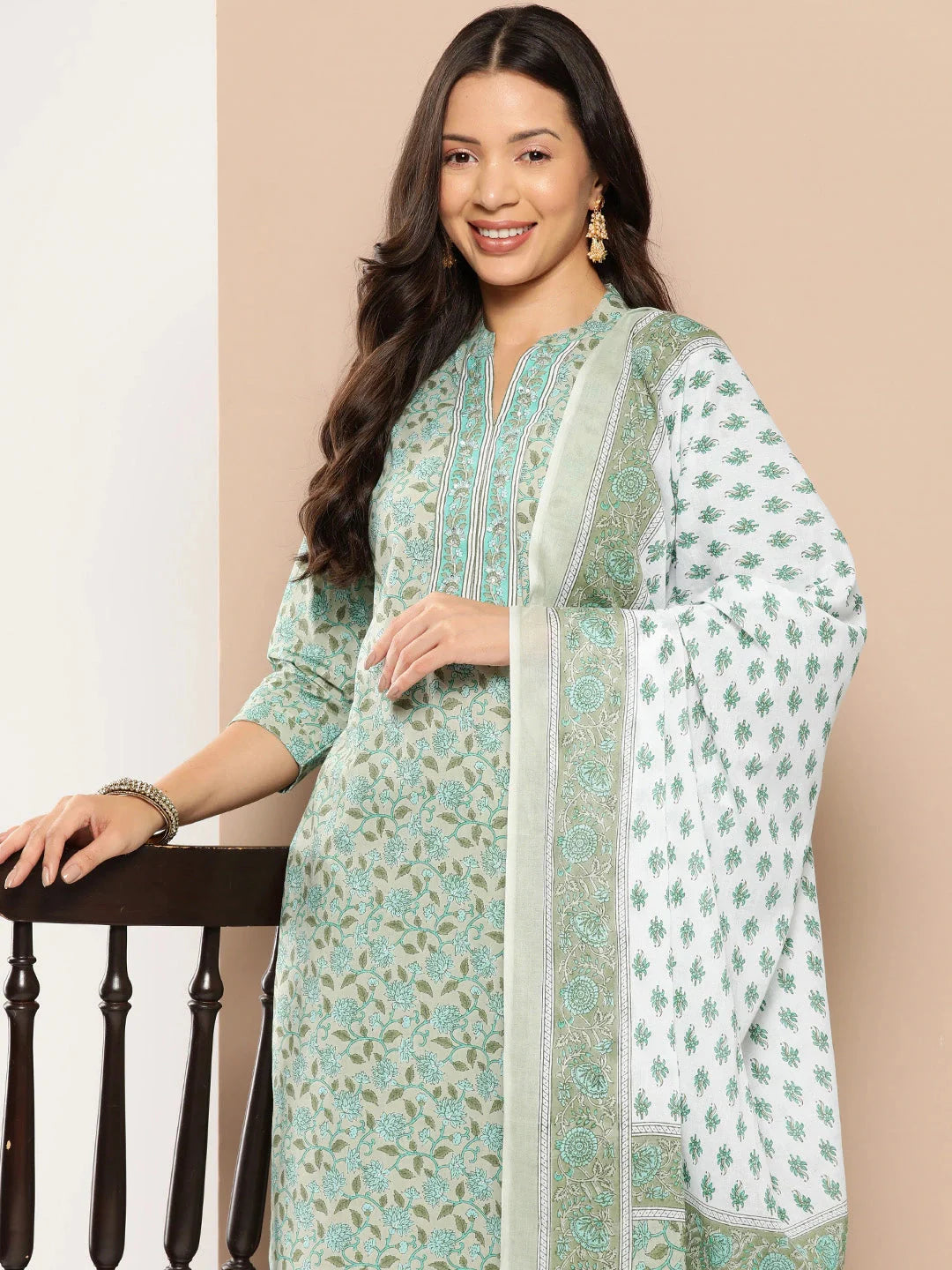 Green Floral Printed Regular Pure Cotton Kurta with Trousers & With Dupatta-Yufta Store-1366SKDGRS