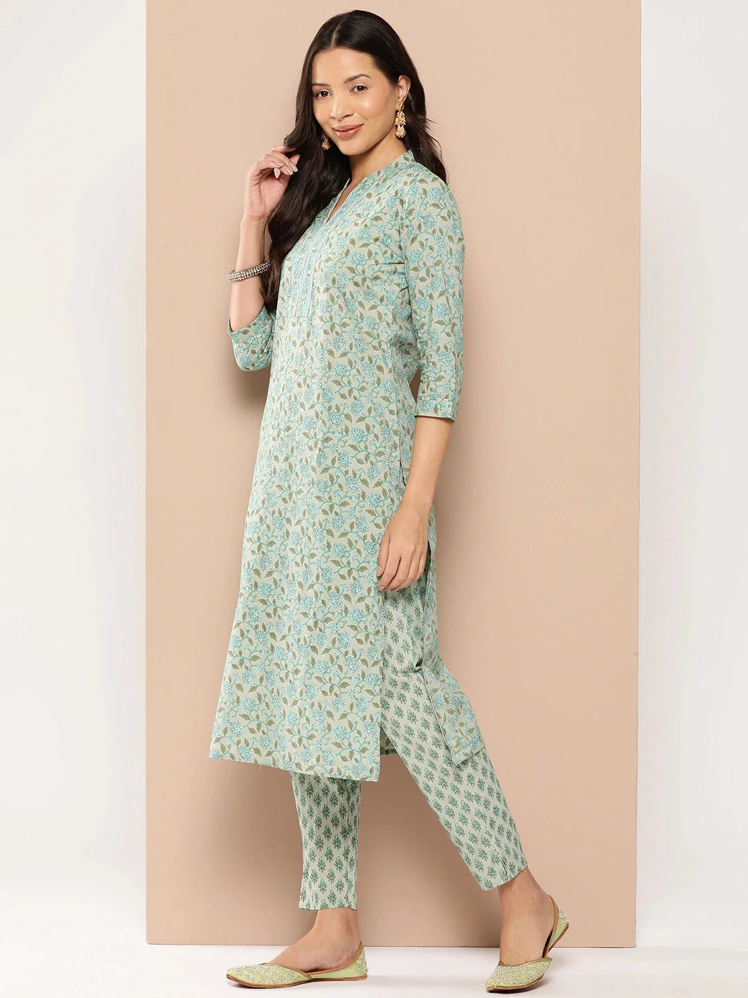 Green Floral Printed Regular Pure Cotton Kurta with Trousers & With Dupatta-Yufta Store-1366SKDGRS