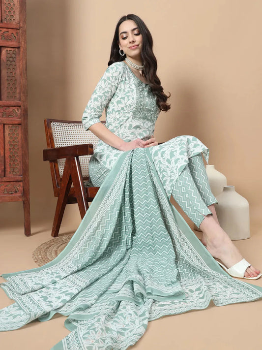 Green Floral,Sequins_Work Straight Kurta Trouser And Dupatta Set-Yufta Store-1752SKDGRS