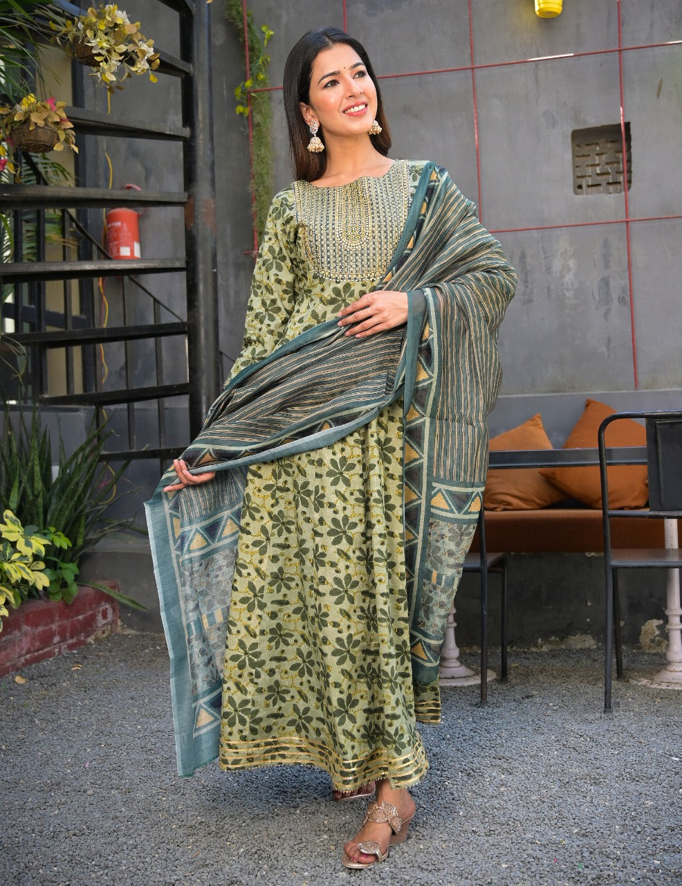 Green Hand block A-Line Dupatta Set