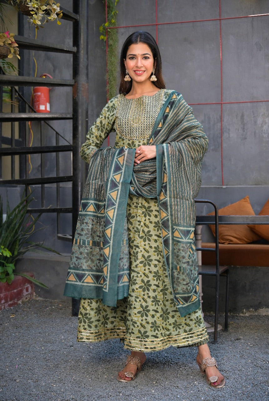 Green Hand block A-Line Dupatta Set