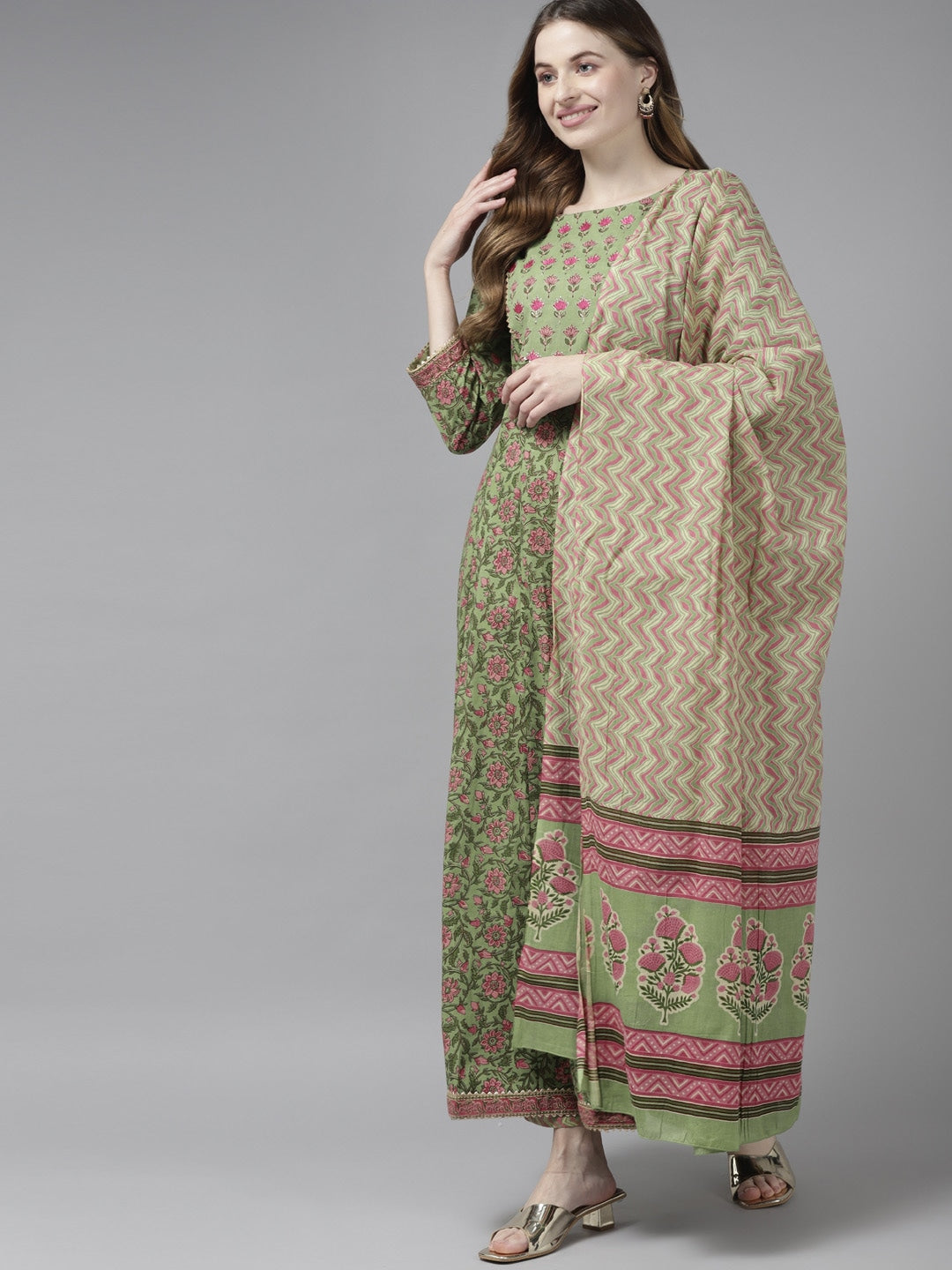 Green Handblock Dupatta Set-Yufta Store-2346SKDGRM