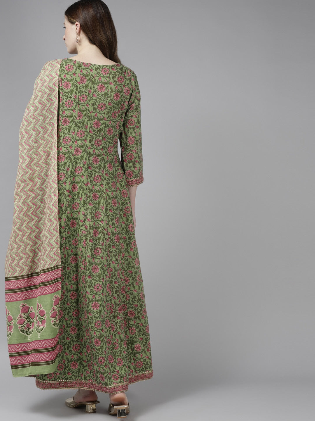 Green Handblock Dupatta Set-Yufta Store-2346SKDGRM