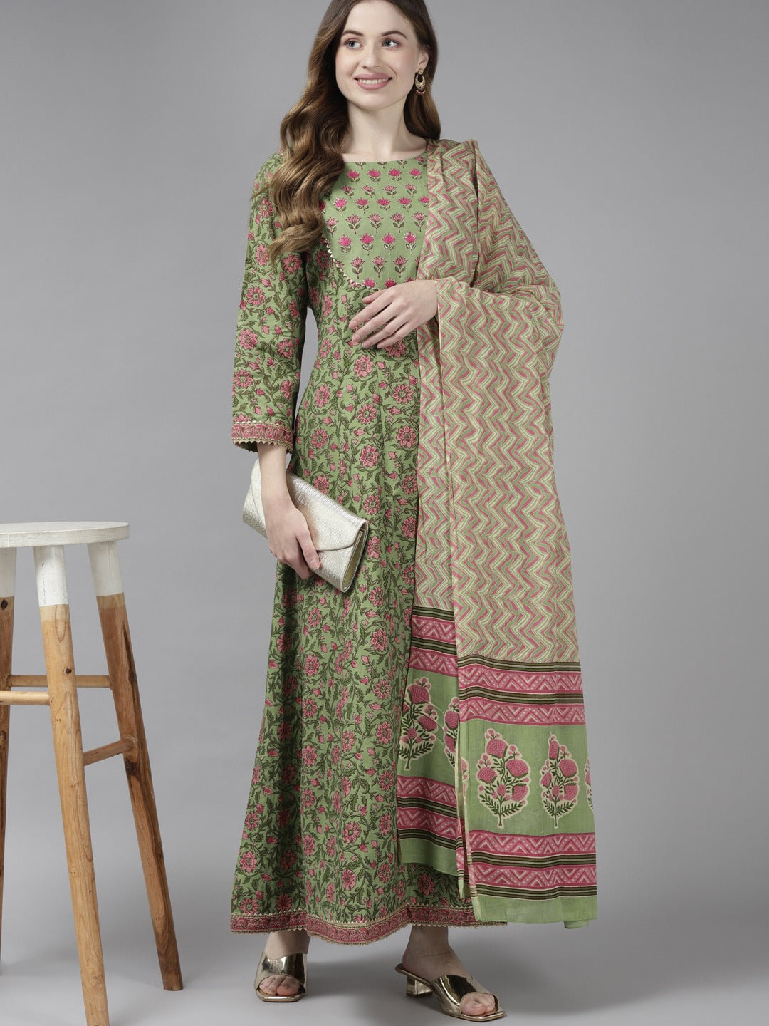 Green Handblock Dupatta Set-Yufta Store-2346SKDGRM