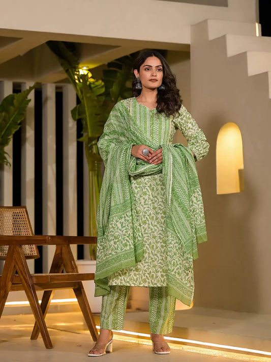 Green Leaf Print Piping On Yoke Straight Kurta With Trousers And Dupatta Set-Yufta Store-6839SKDGRS