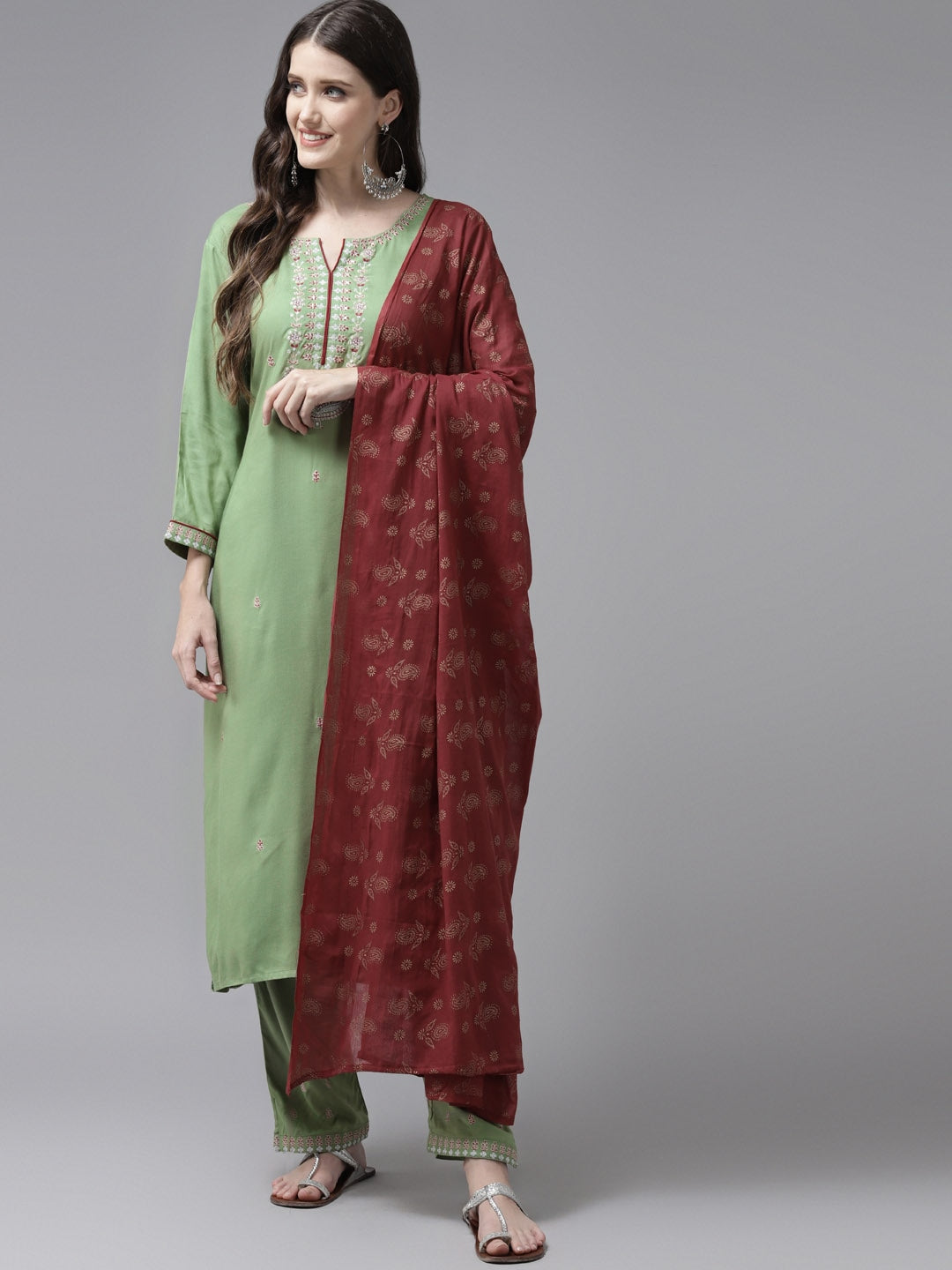 Green & Maroon Embroidered Dupatta Set-Yufta Store-9089SKDGRS