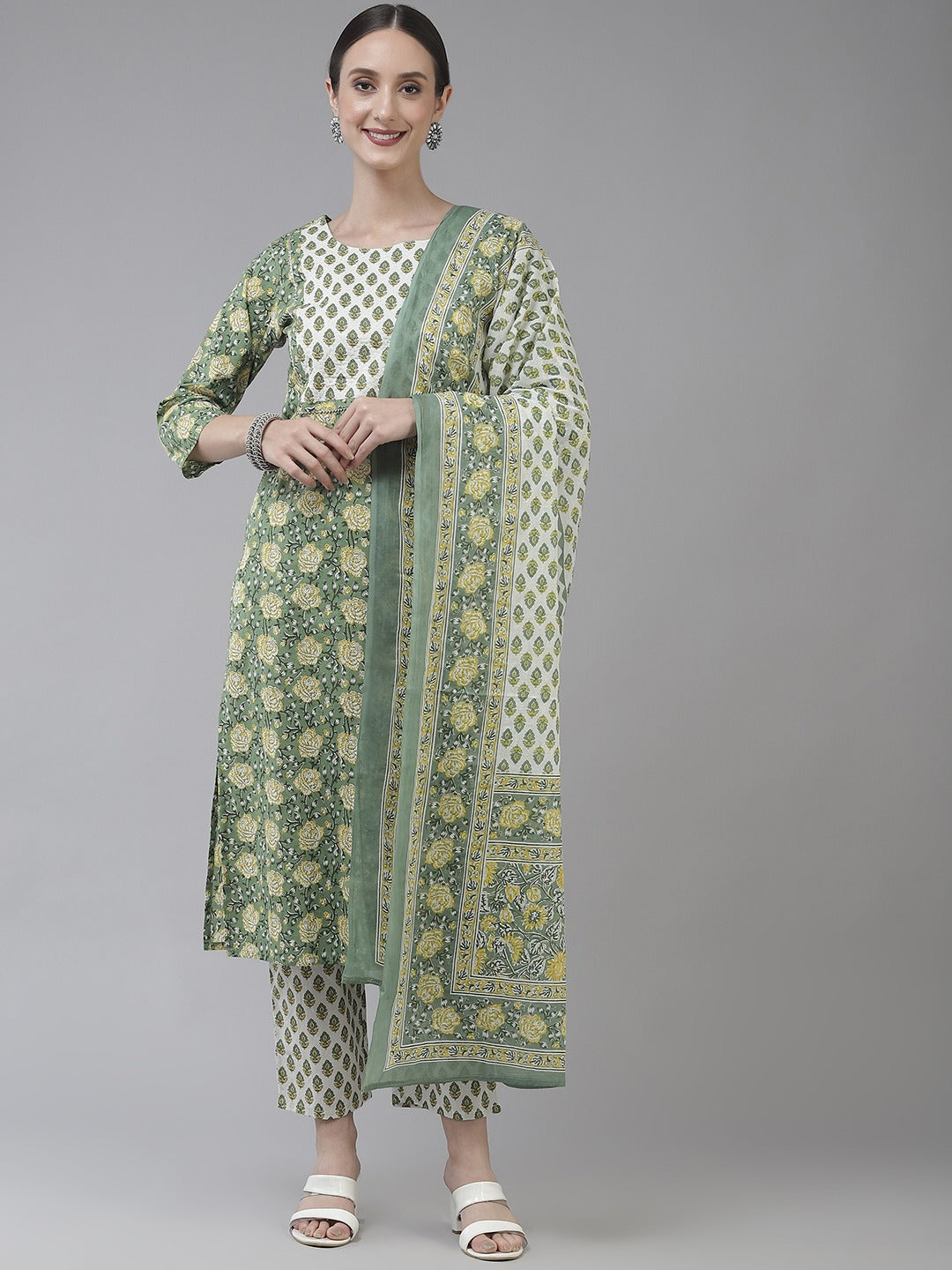 Green Printed Cotton Dupatta Set-Yufta Store-6208SKDGRS