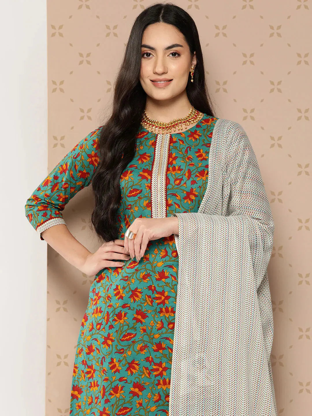 Green Printed Cotton Dupatta Set-Yufta Store-9776SKDGRS