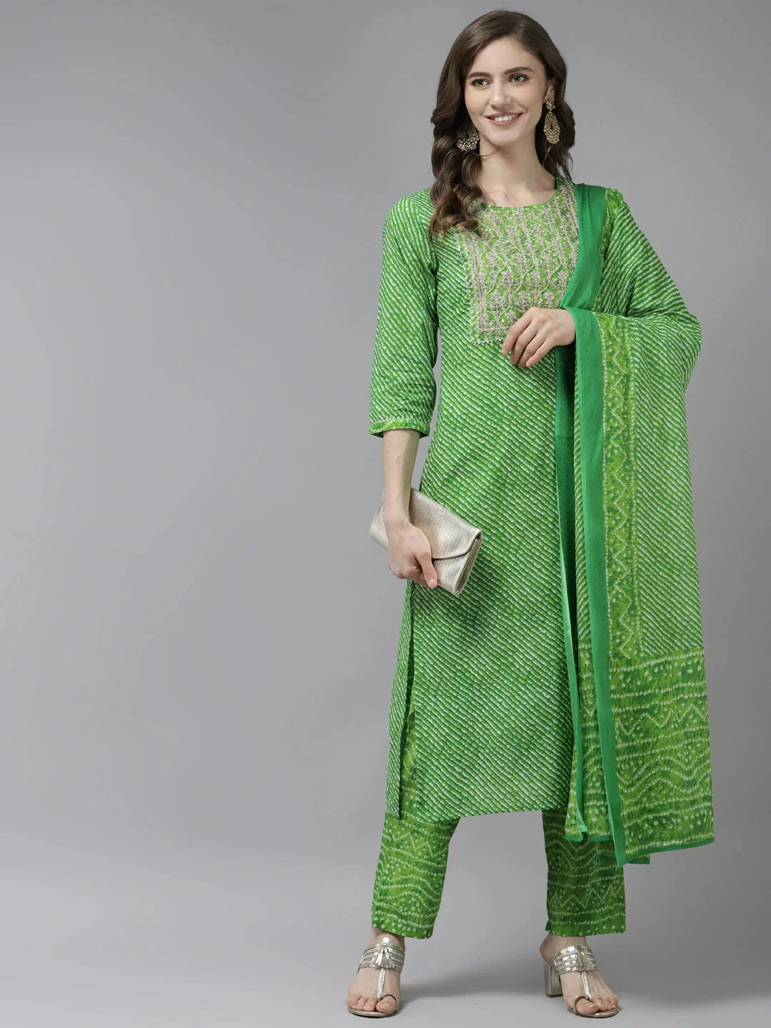 Green Printed Dupatta Set-Yufta Store-9817SKDGRS