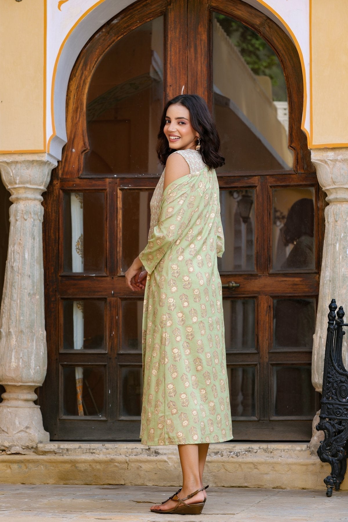 Green Printed & Embroidered Dress-Yufta Store-4602DRSGRS