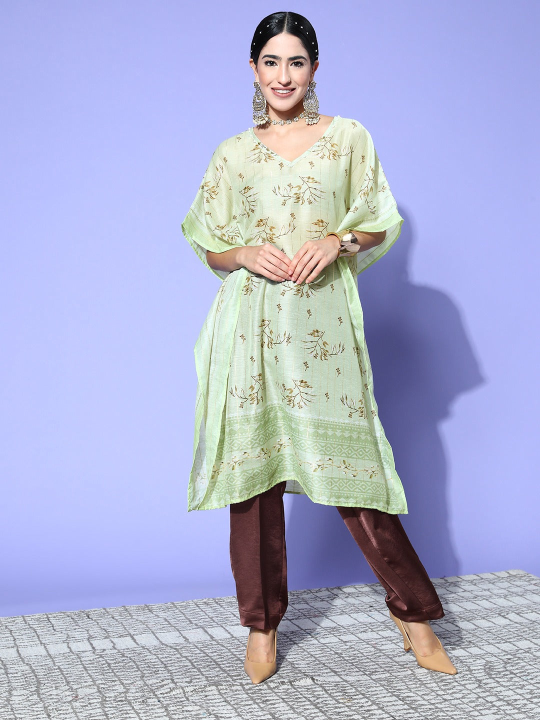 Green Printed Kaftan Kurta-Yufta Store-1250KFTGRS