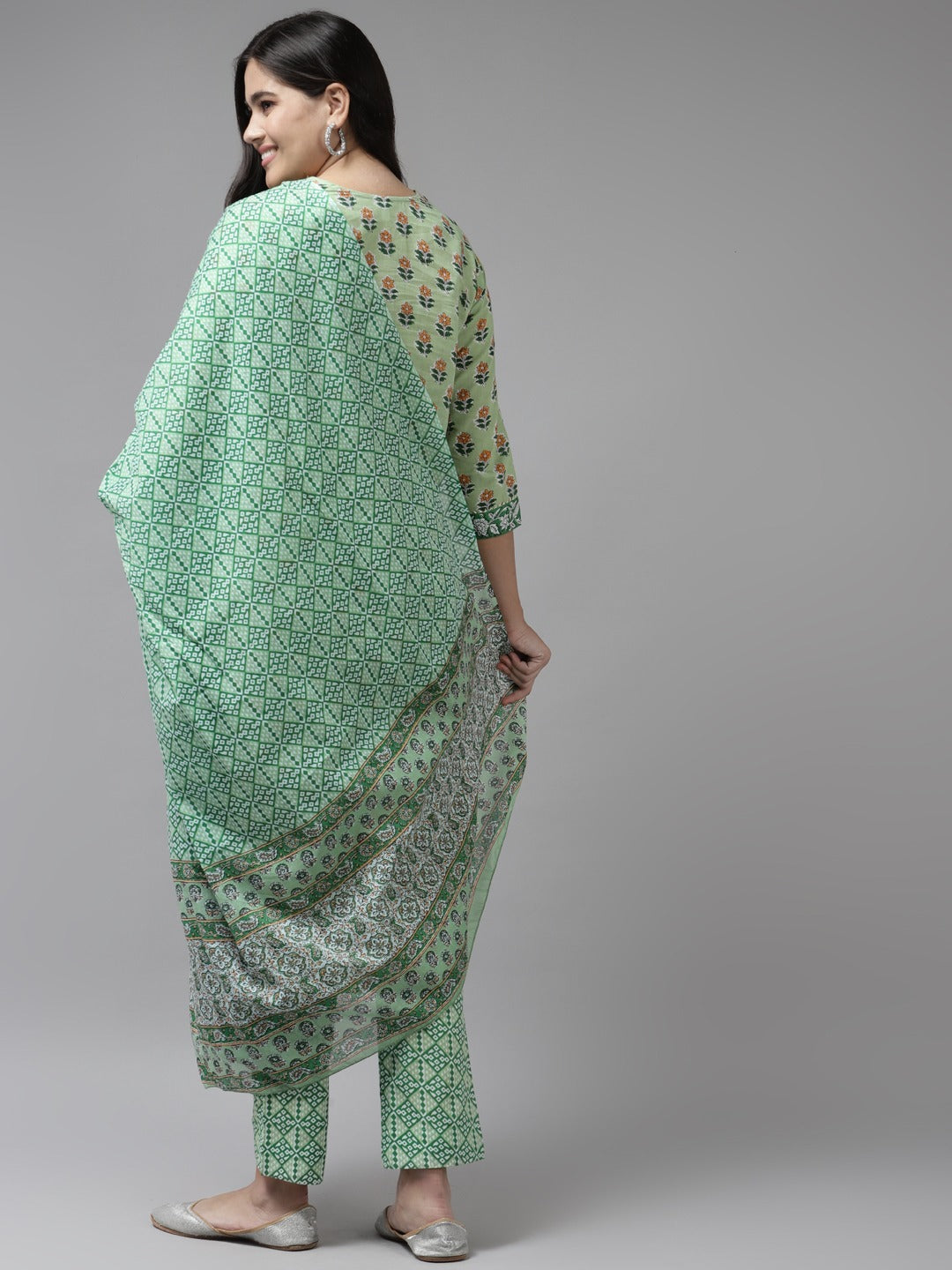 Green Sequined Cotton Dupatta Set-Yufta Store-9844SKDGRS