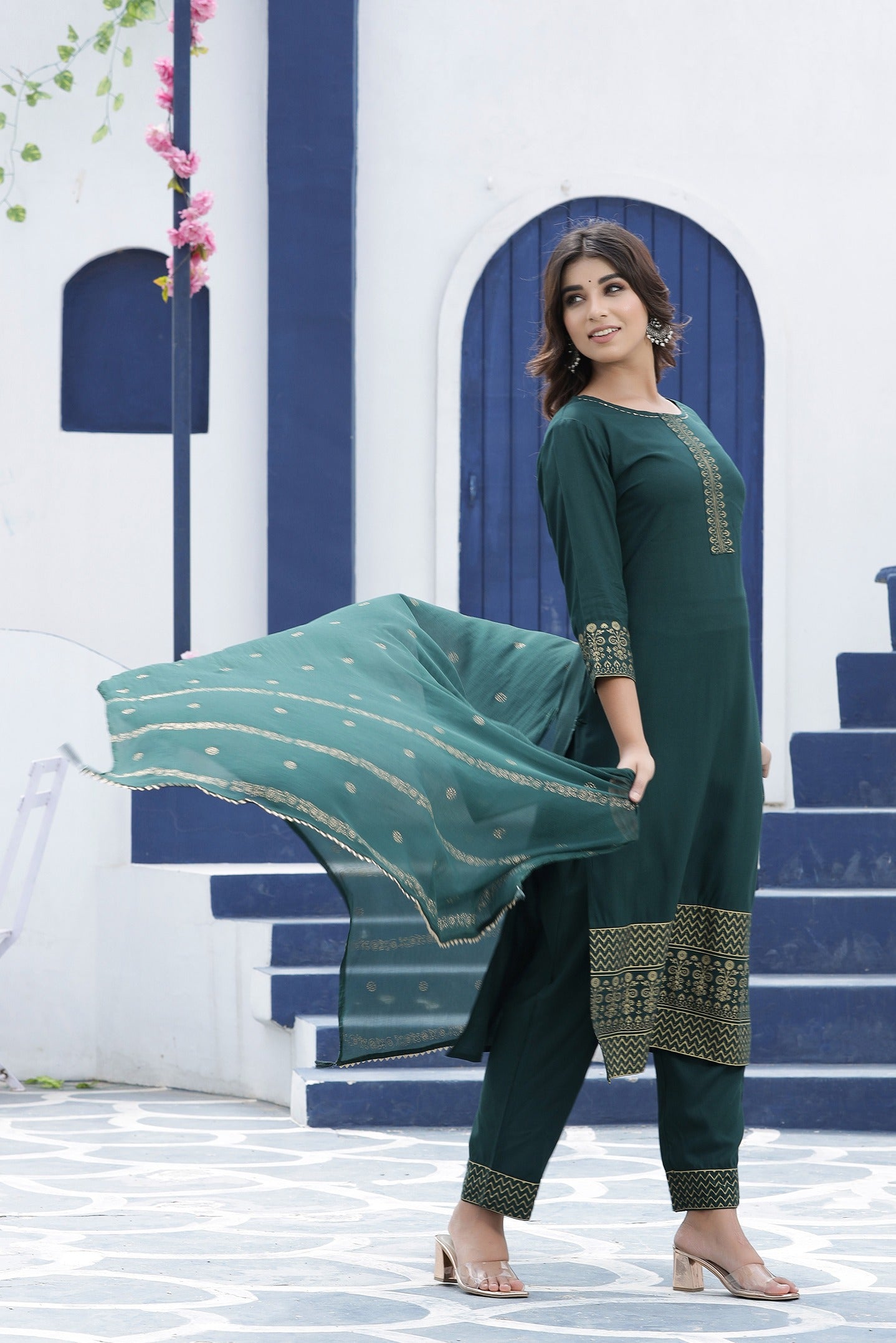 Green Solid Dupatta Set-Yufta Store-7722SKDGRS