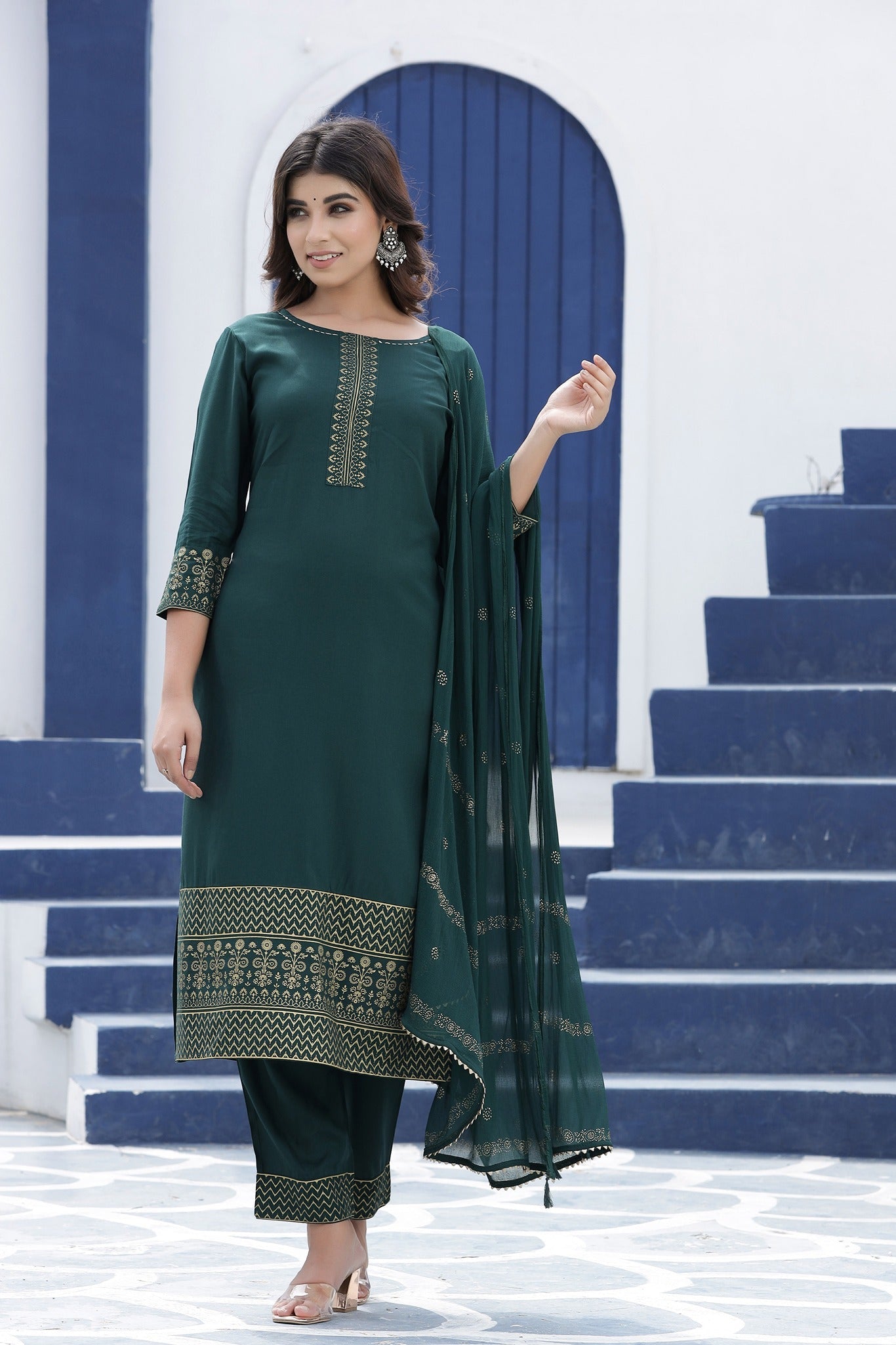 Green Solid Dupatta Set-Yufta Store-7722SKDGRS