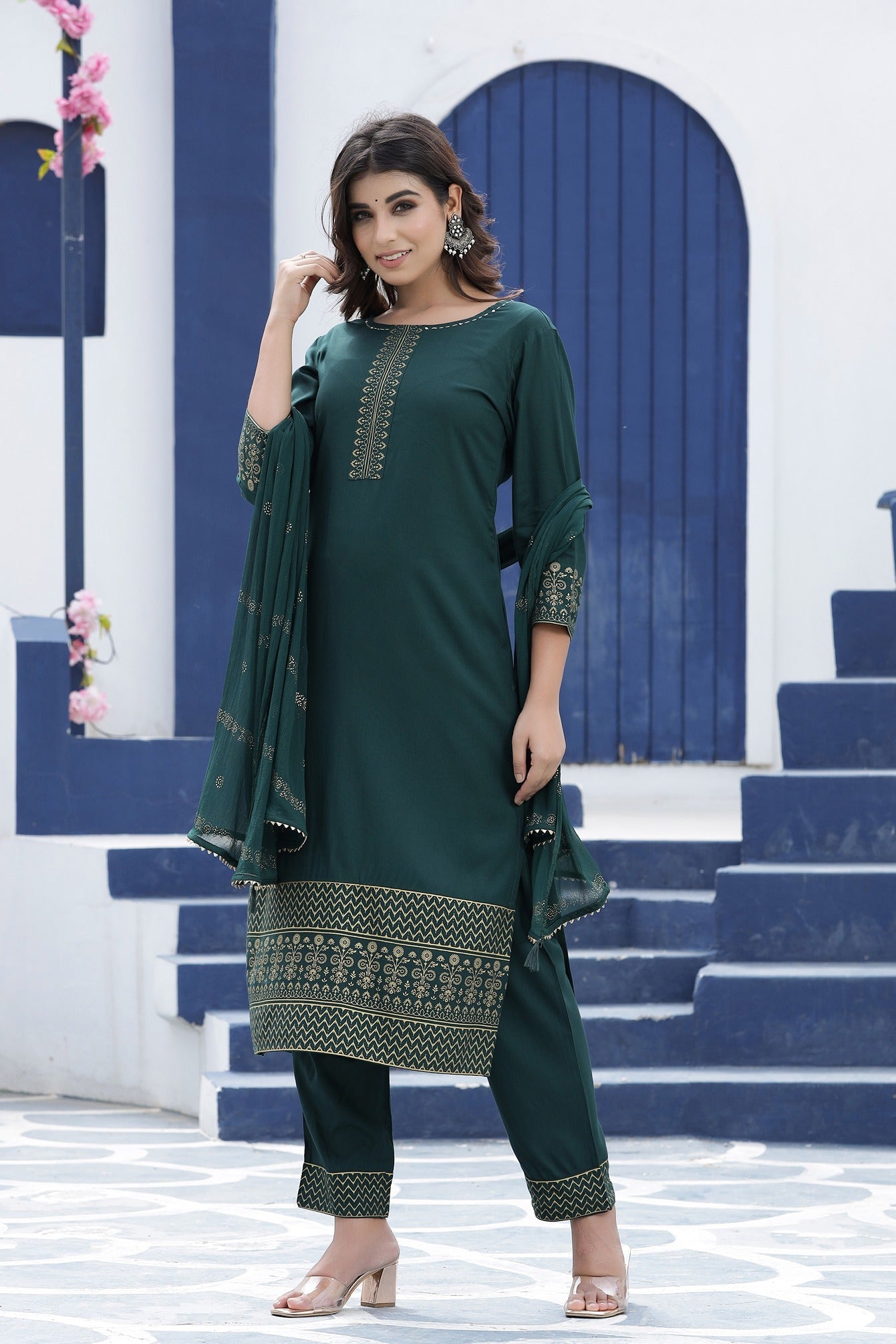 Green Solid Dupatta Set-Yufta Store-7722SKDGRS