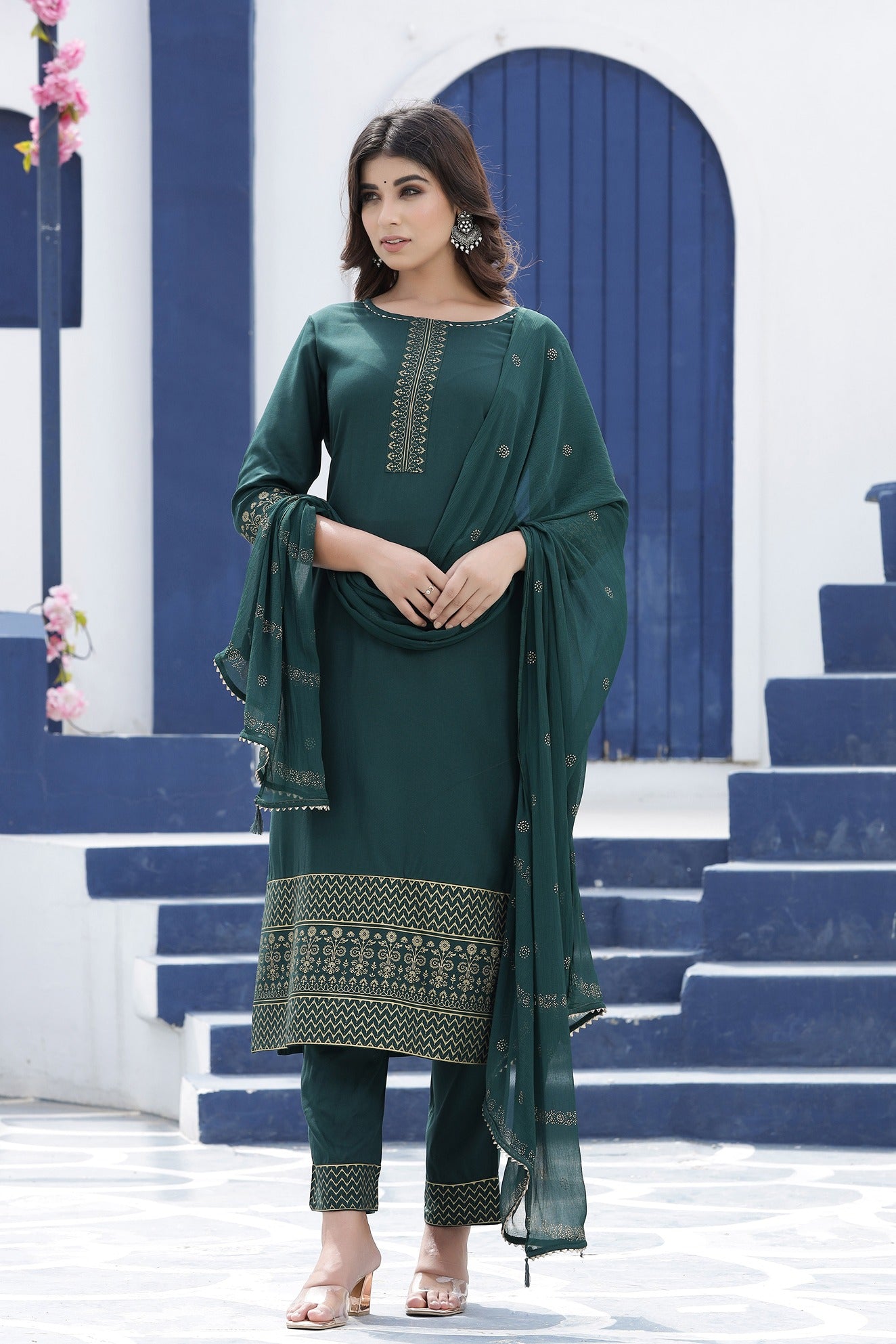 Green Solid Dupatta Set-Yufta Store-7722SKDGRS