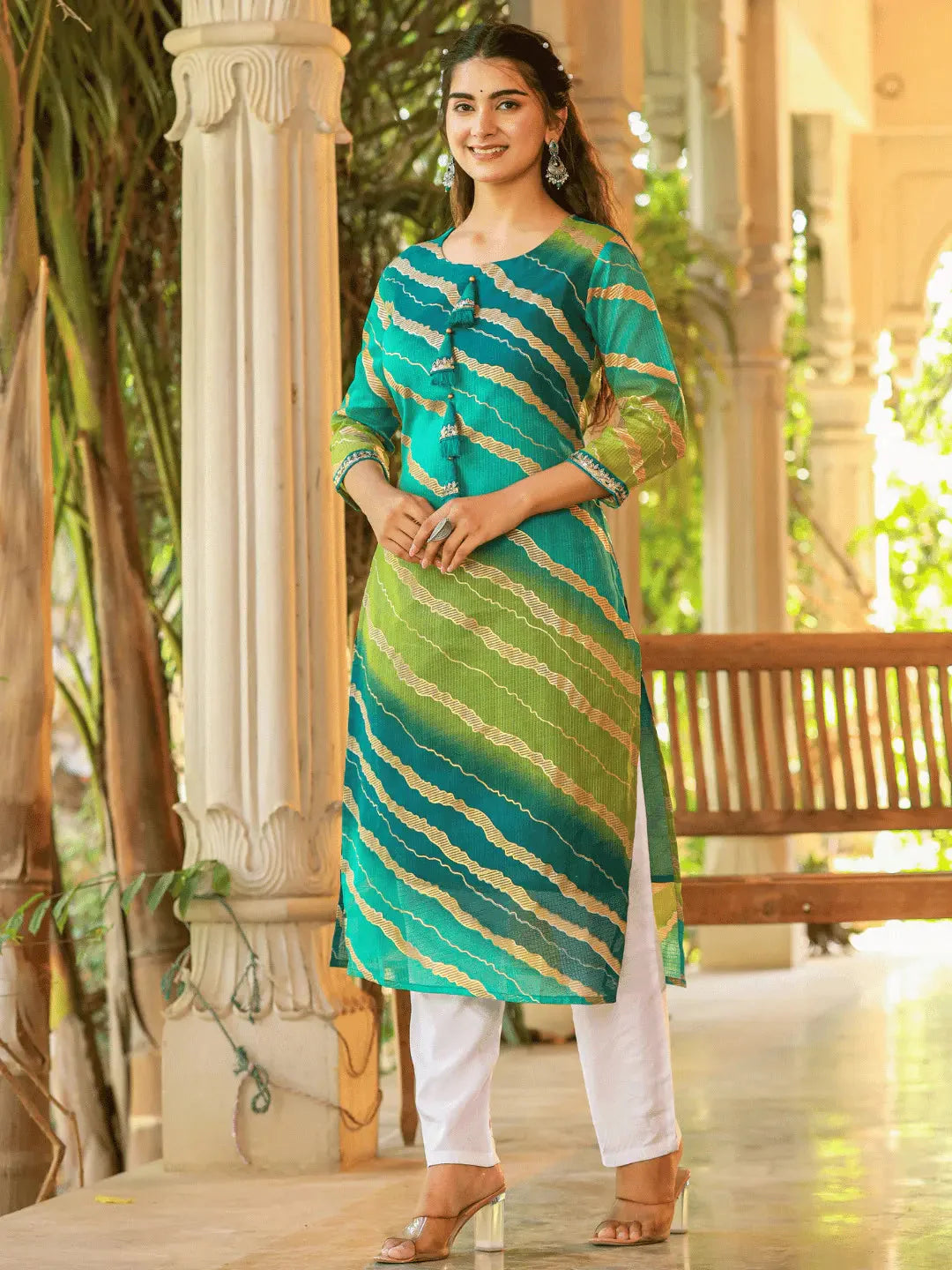 Green Women Cotton lining Leheriya Striped Kurta-Yufta Store-9961KURGRS