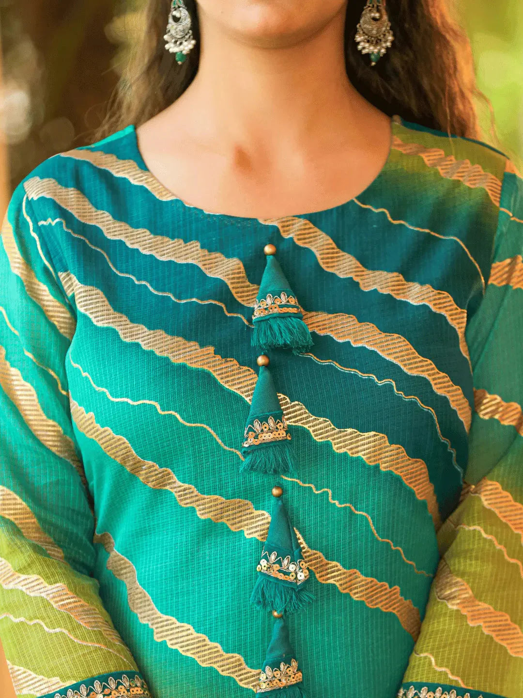 Green Women Cotton lining Leheriya Striped Kurta-Yufta Store-9961KURGRS