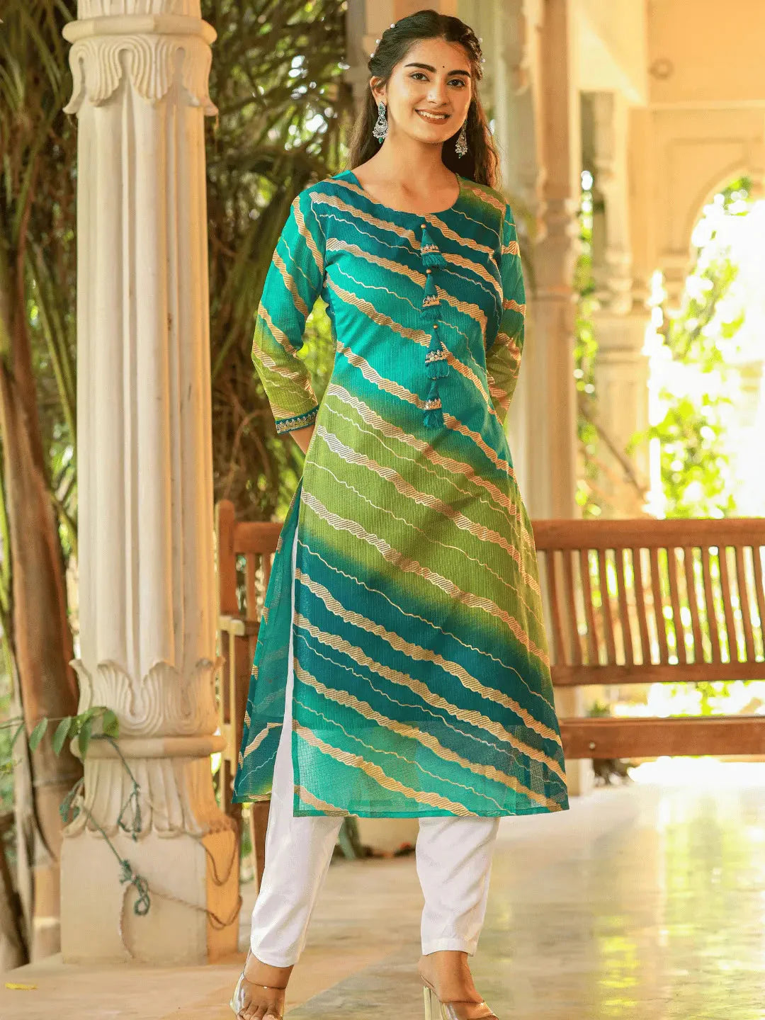 Green Women Cotton lining Leheriya Striped Kurta-Yufta Store-9961KURGRS