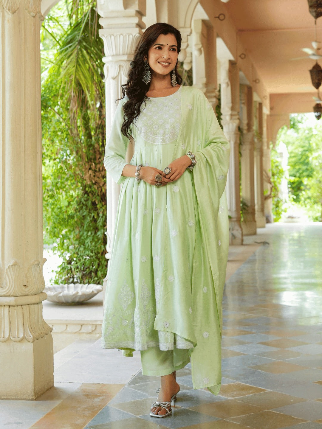 Green embroidered Fit and flare Kurta Trouser And Dupatta Set-Yufta Store-1351SKDGRS