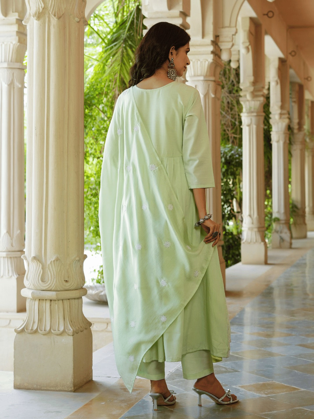 Green embroidered Fit and flare Kurta Trouser And Dupatta Set-Yufta Store-1351SKDGRS