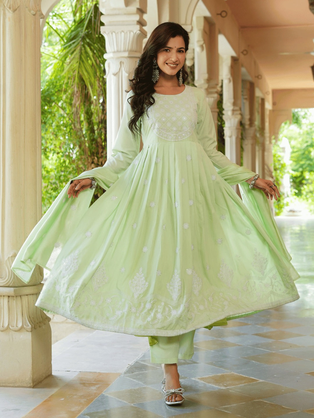 Green embroidered Fit and flare Kurta Trouser And Dupatta Set-Yufta Store-1351SKDGRS