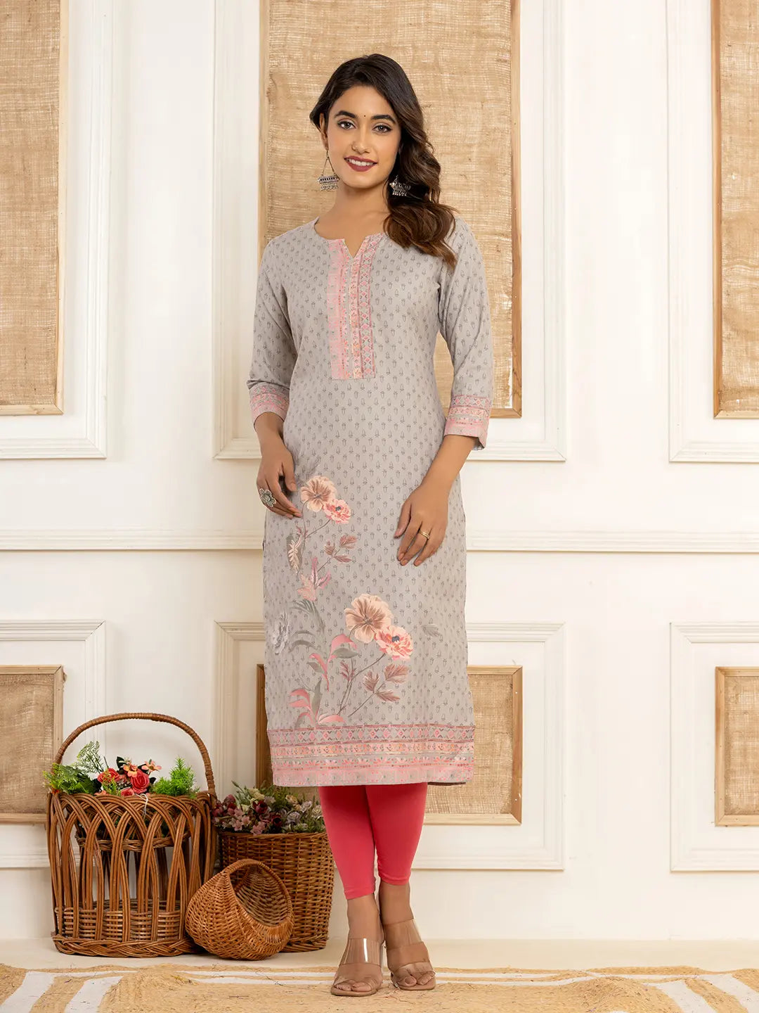 Grey Cotton A-Line Kurta With Digital Print-Yufta Store-1924KURGYS