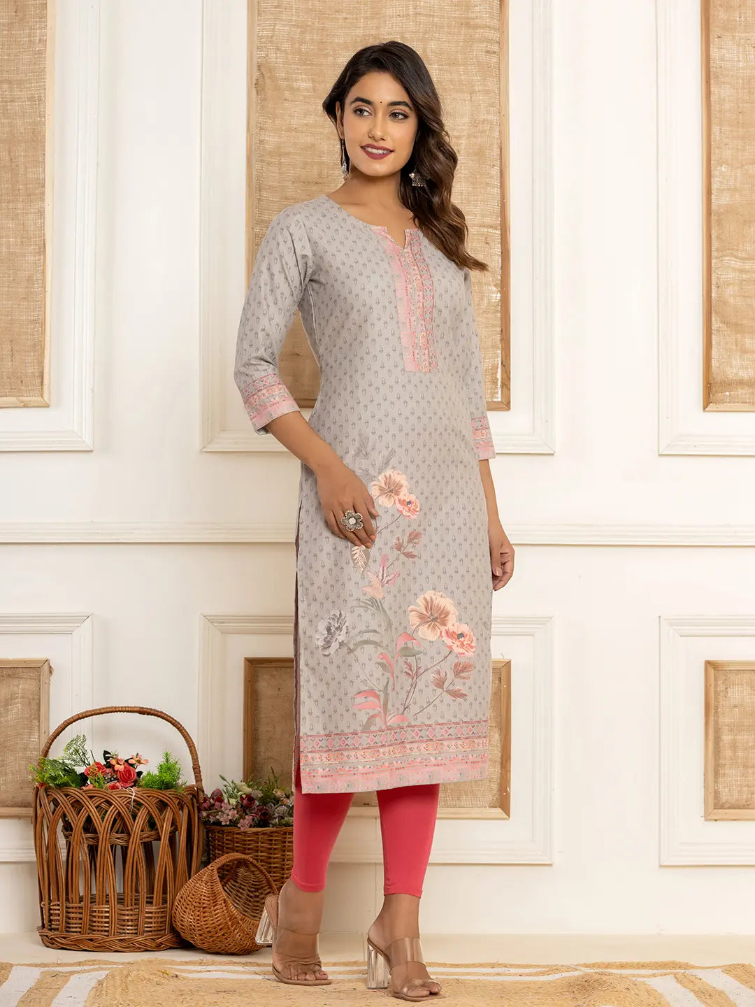 Grey Cotton A-Line Kurta With Digital Print-Yufta Store-1924KURGYS