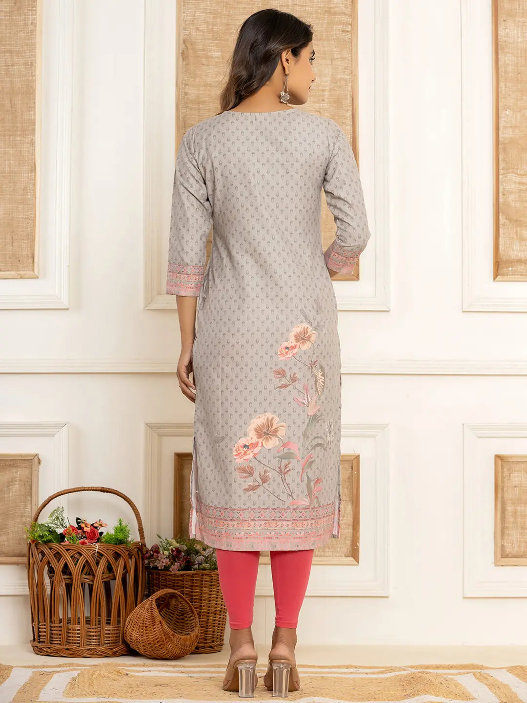 Grey Cotton A-Line Kurta With Digital Print-Yufta Store-1924KURGYS