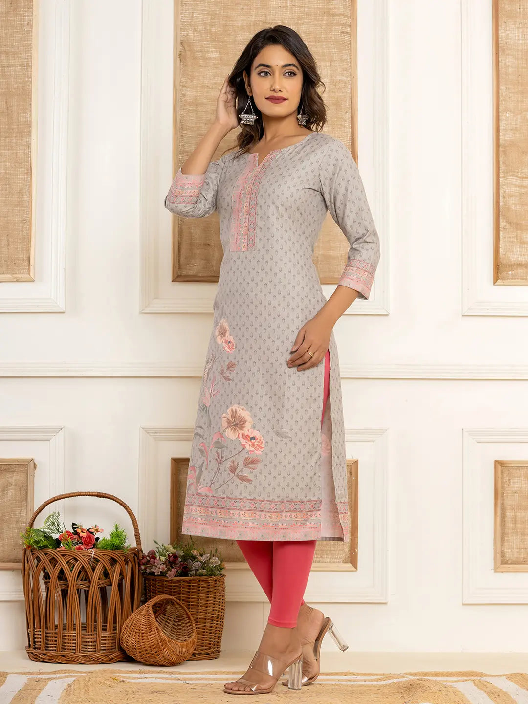 Grey Cotton A-Line Kurta With Digital Print-Yufta Store-1924KURGYS