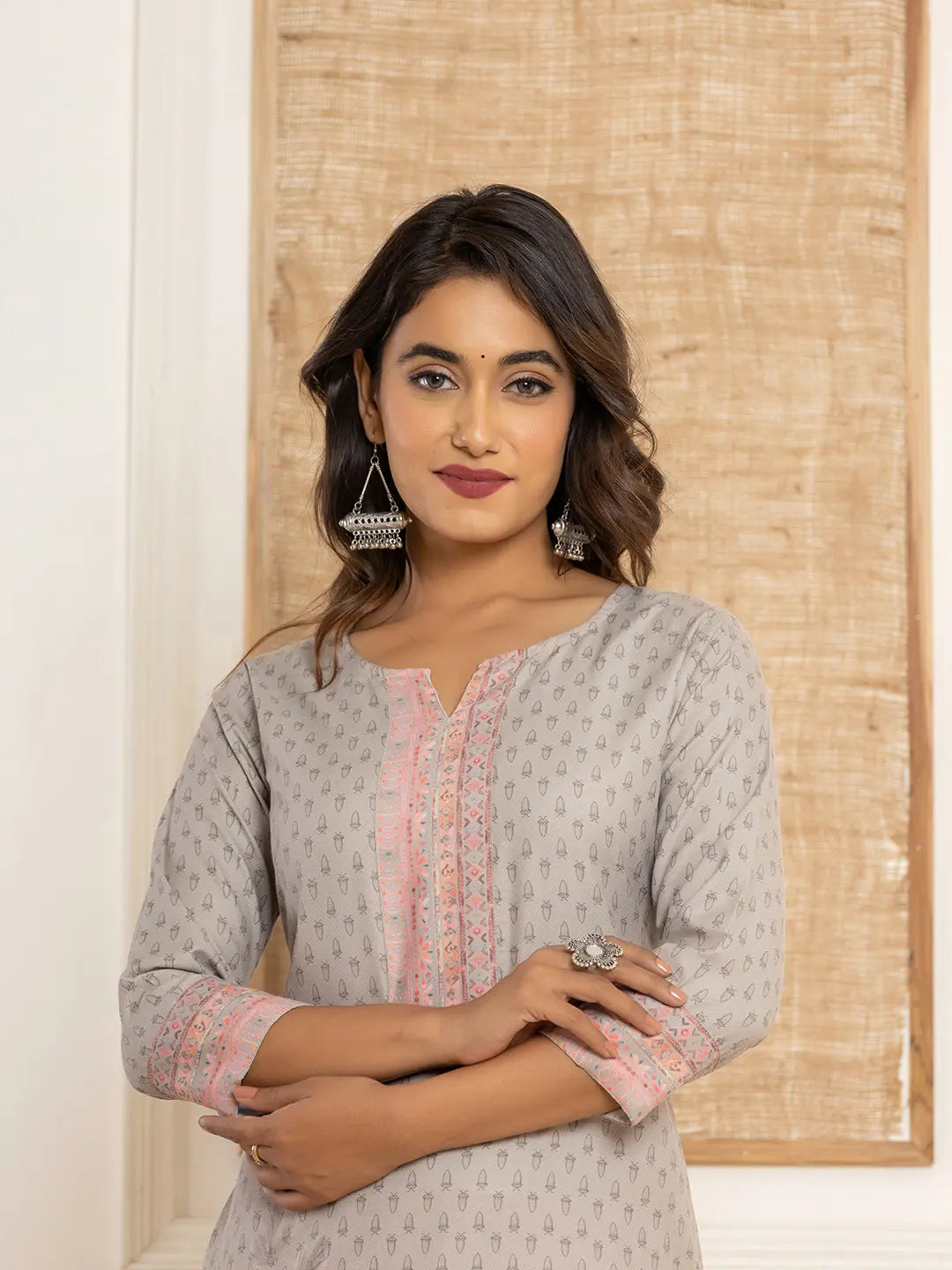 Grey Cotton A-Line Kurta With Digital Print-Yufta Store-1924KURGYS