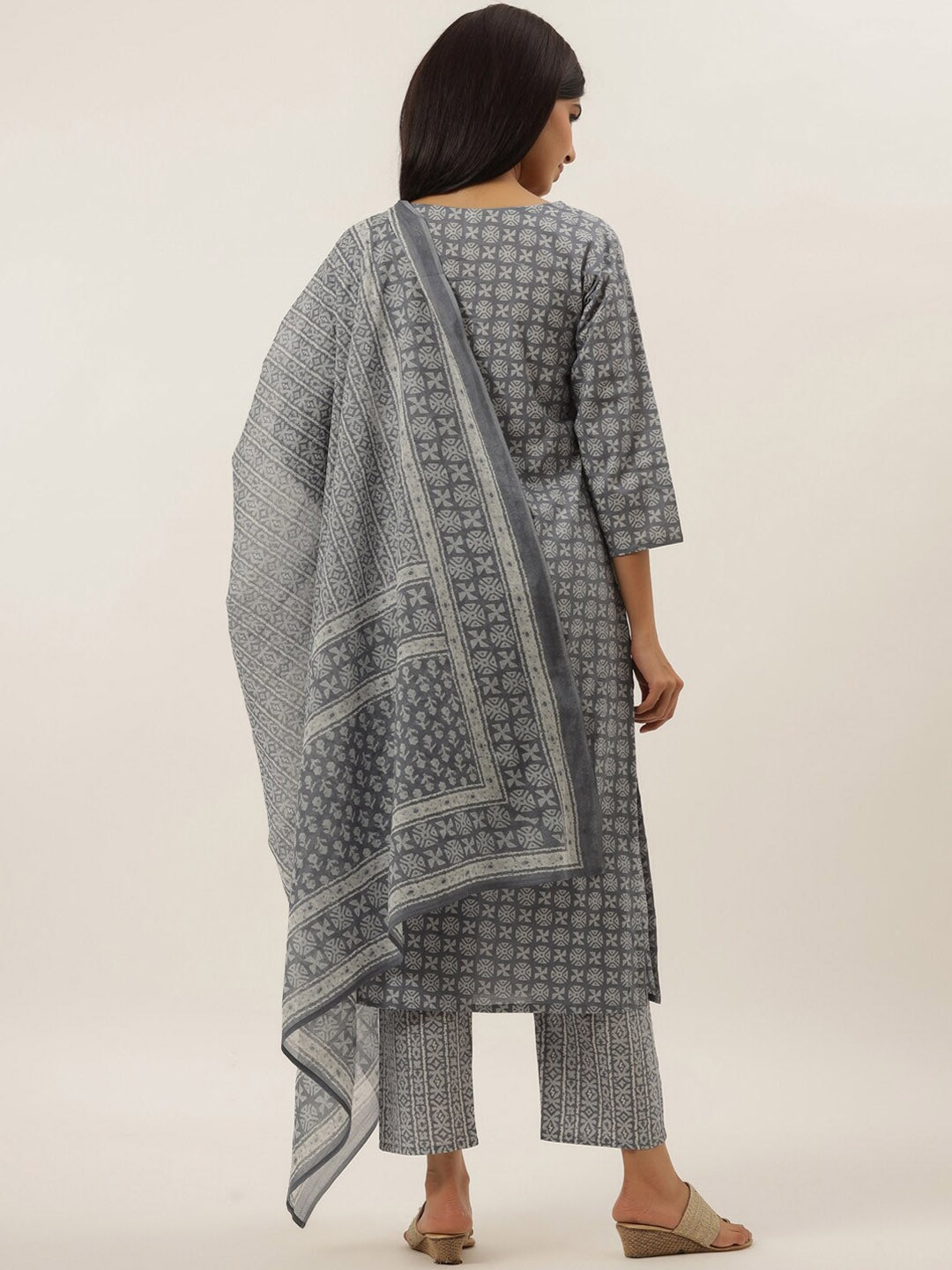 Grey Cotton Printed Dupatta Set