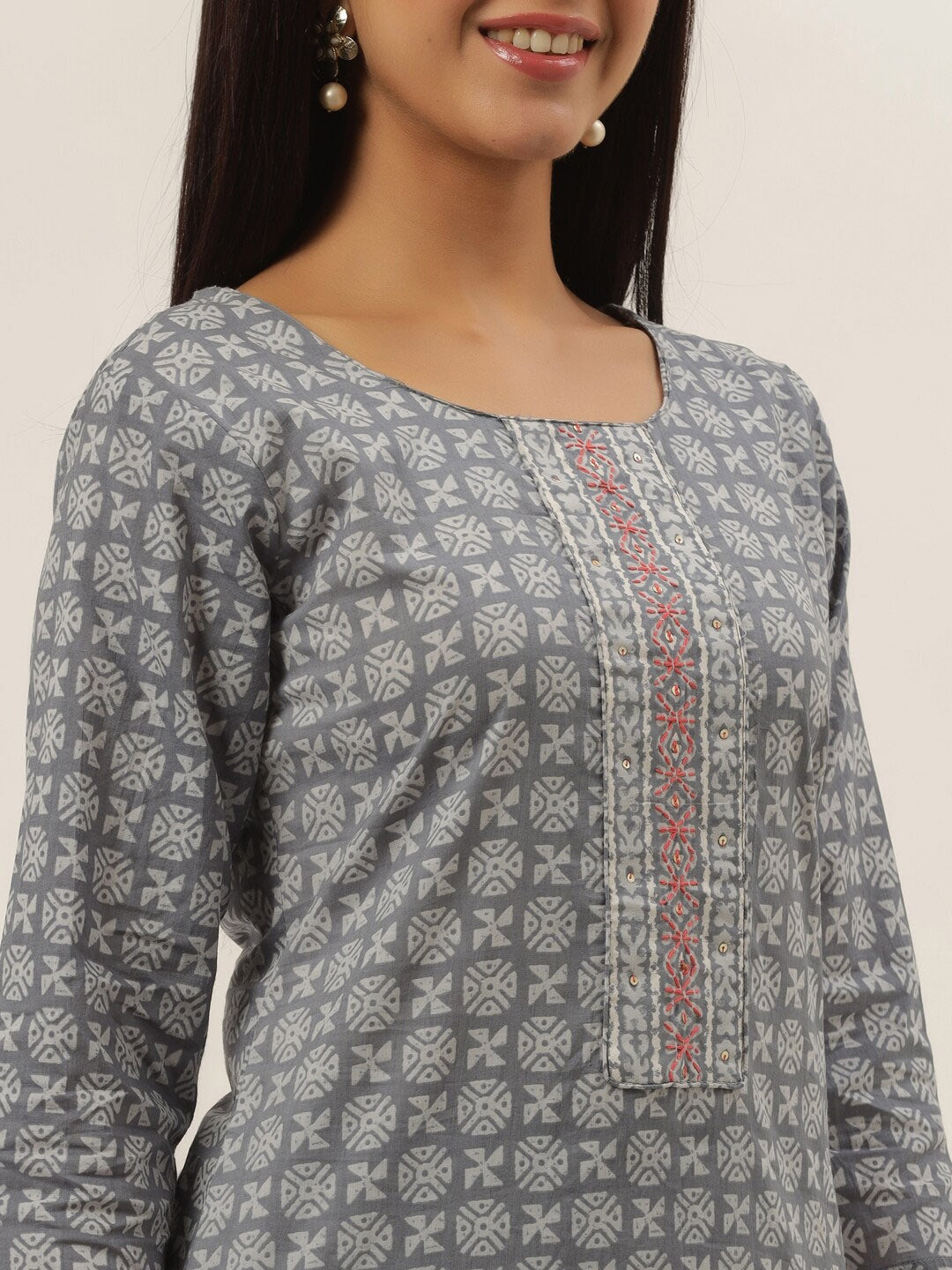 Grey Cotton Printed Dupatta Set