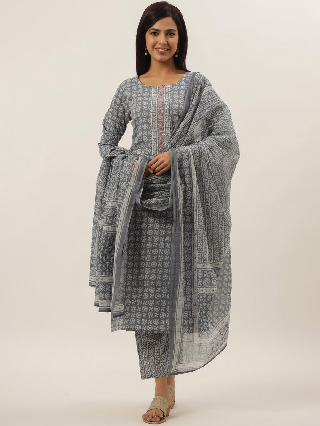 Grey Cotton Printed Dupatta Set