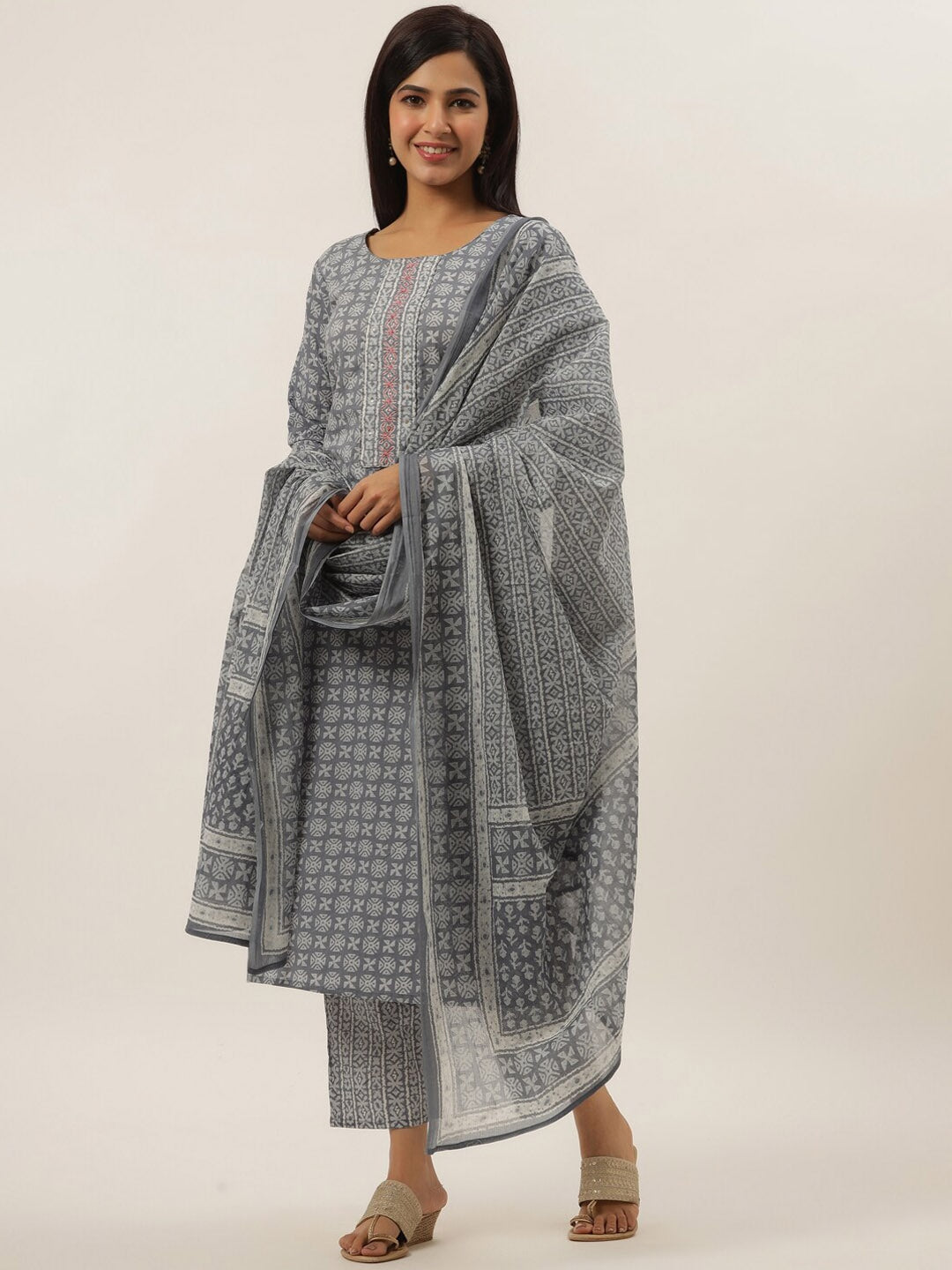 Grey Cotton Printed Dupatta Set