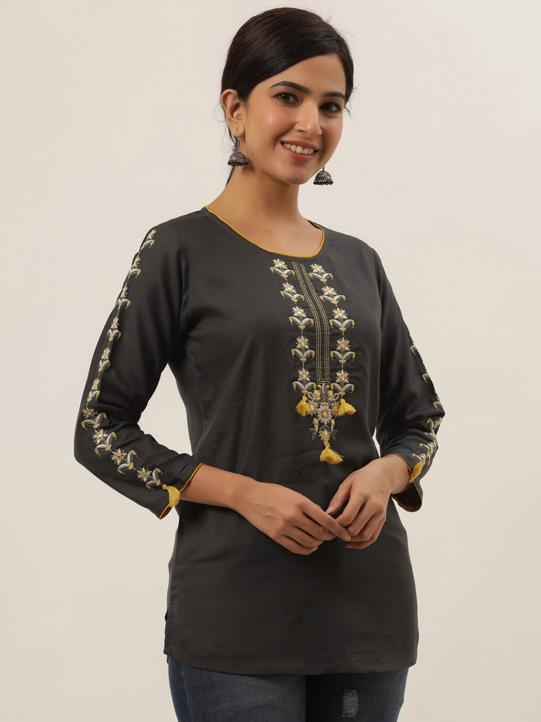 Grey Embellished Top-Yufta Store-9638TOPGYXS