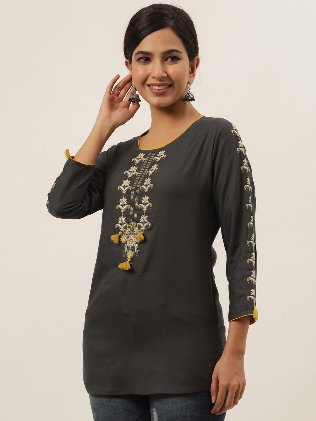 Grey Embellished Top-Yufta Store-9638TOPGYXS