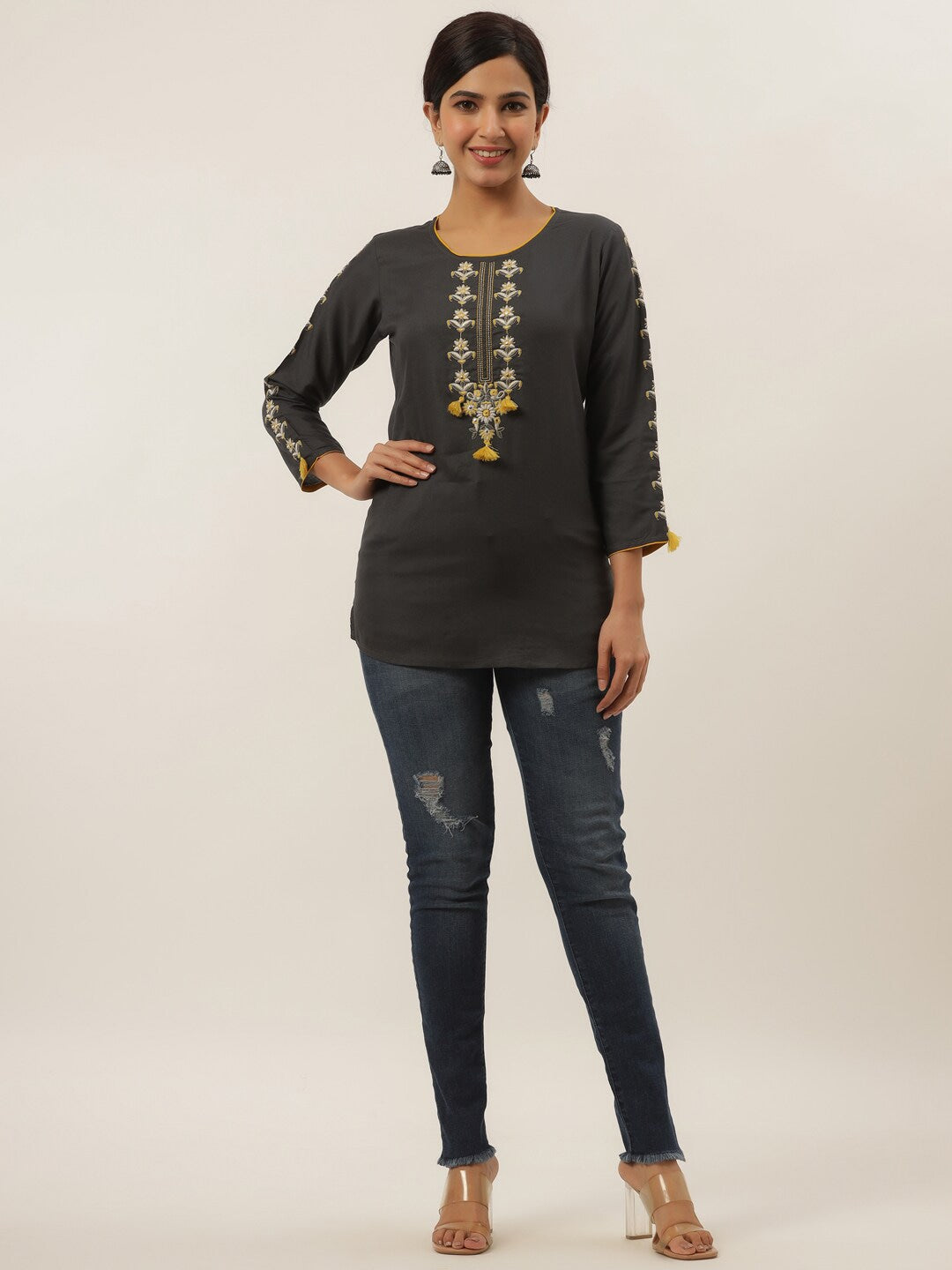 Grey Embellished Top-Yufta Store-9638TOPGYXS