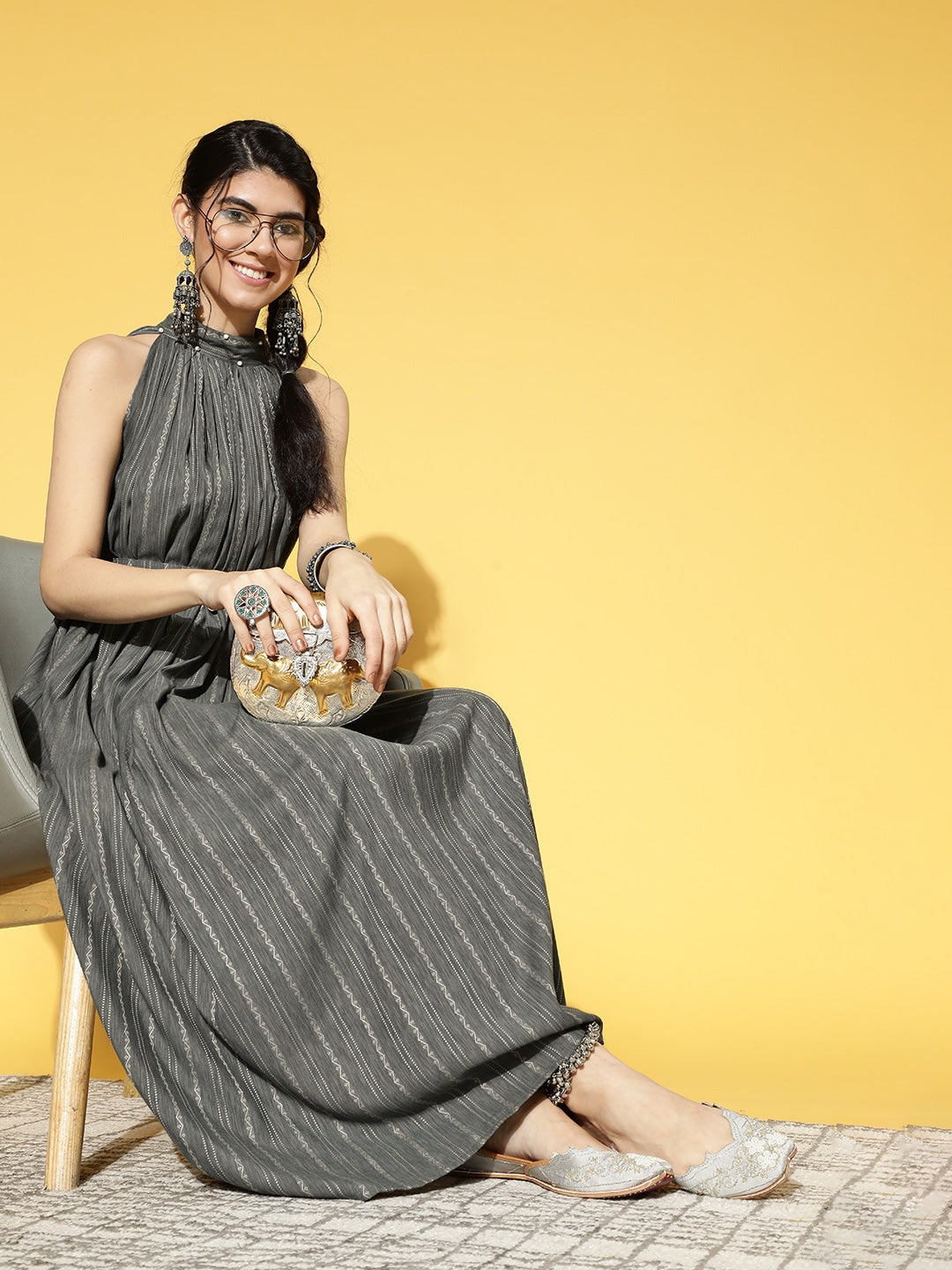 Grey & Off-White Striped Halter Neck Dress-Yufta Store-9592DRSGYS