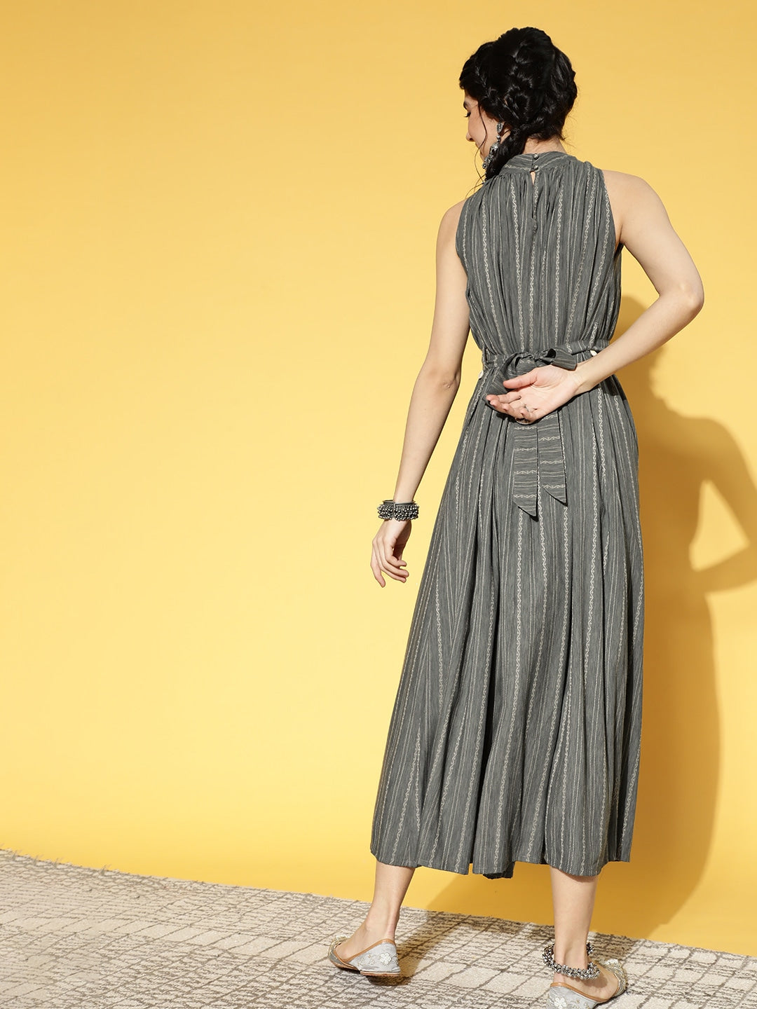 Grey & Off-White Striped Halter Neck Dress-Yufta Store-9592DRSGYS