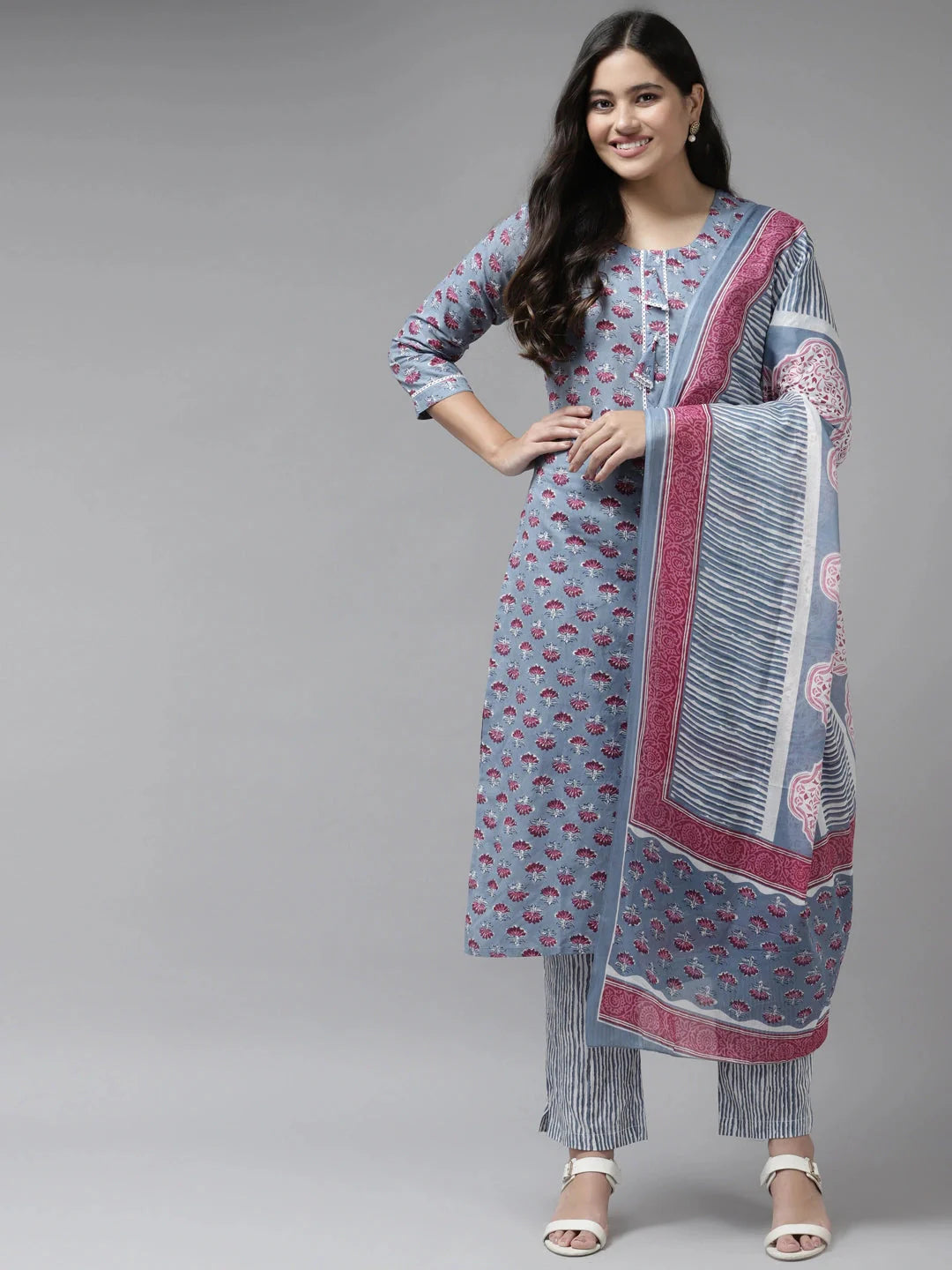 Grey Printed Cotton Dupatta Set-Yufta Store-9838SKDGYS