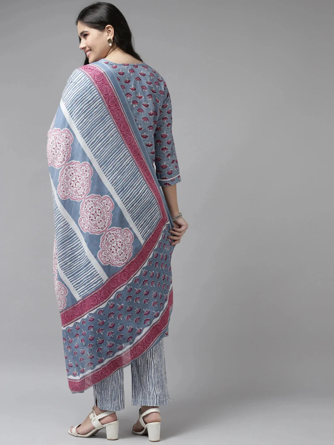 Grey Printed Cotton Dupatta Set-Yufta Store-9838SKDGYS