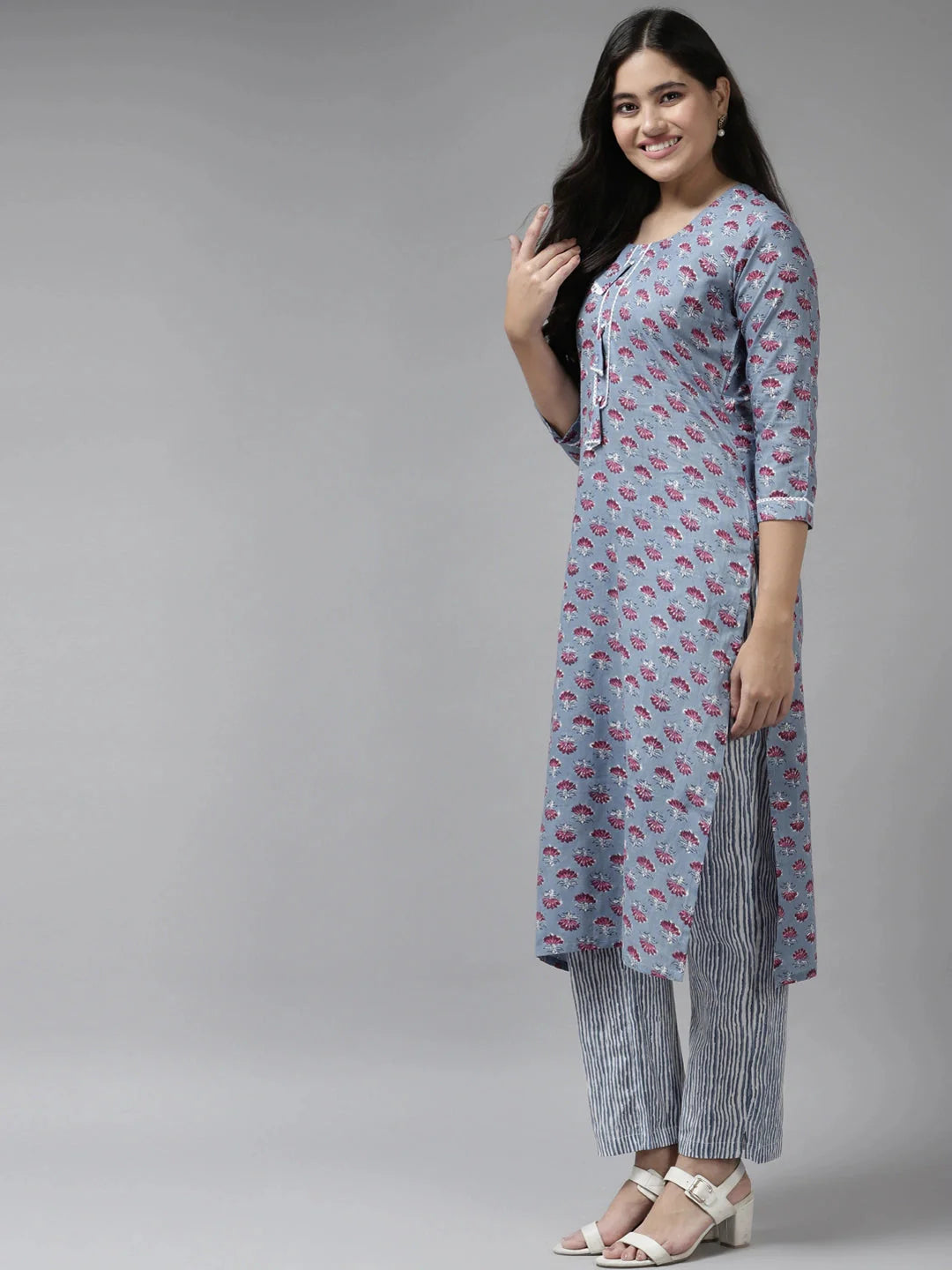 Grey Printed Cotton Dupatta Set-Yufta Store-9838SKDGYS