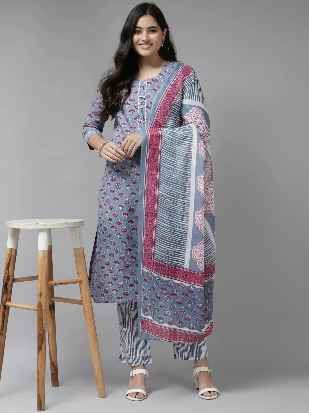 Grey Printed Cotton Dupatta Set-Yufta Store-9838SKDGYS