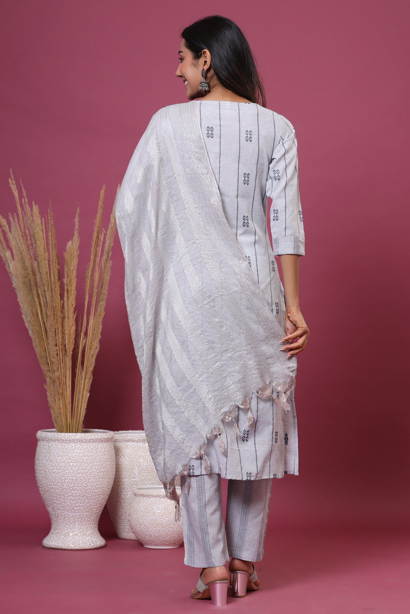 Grey Printed Dupatta Set-Yufta Store-9668SKDGYS