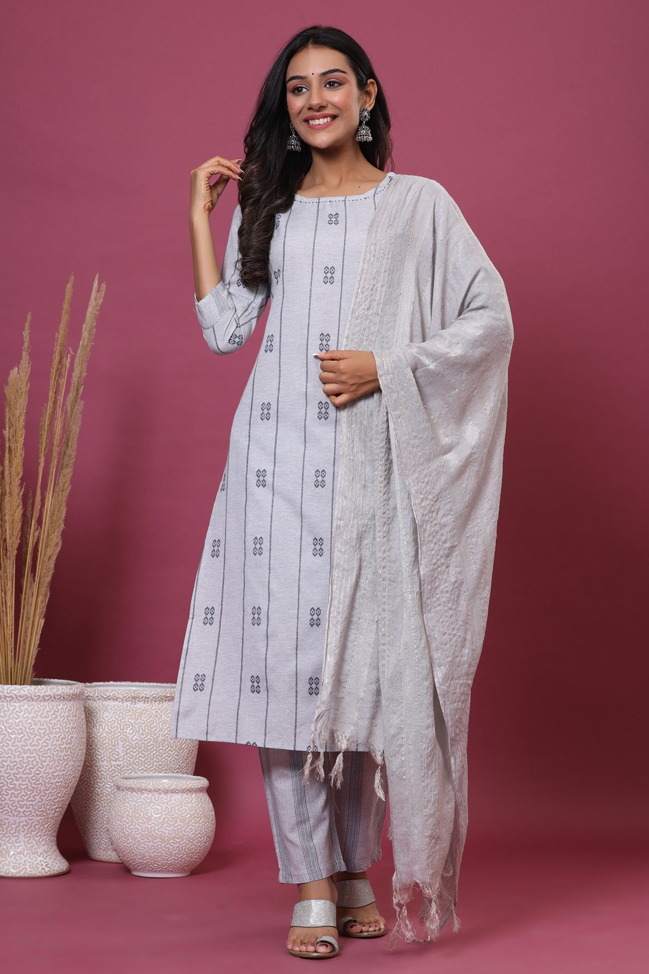 Grey Printed Dupatta Set-Yufta Store-9668SKDGYS