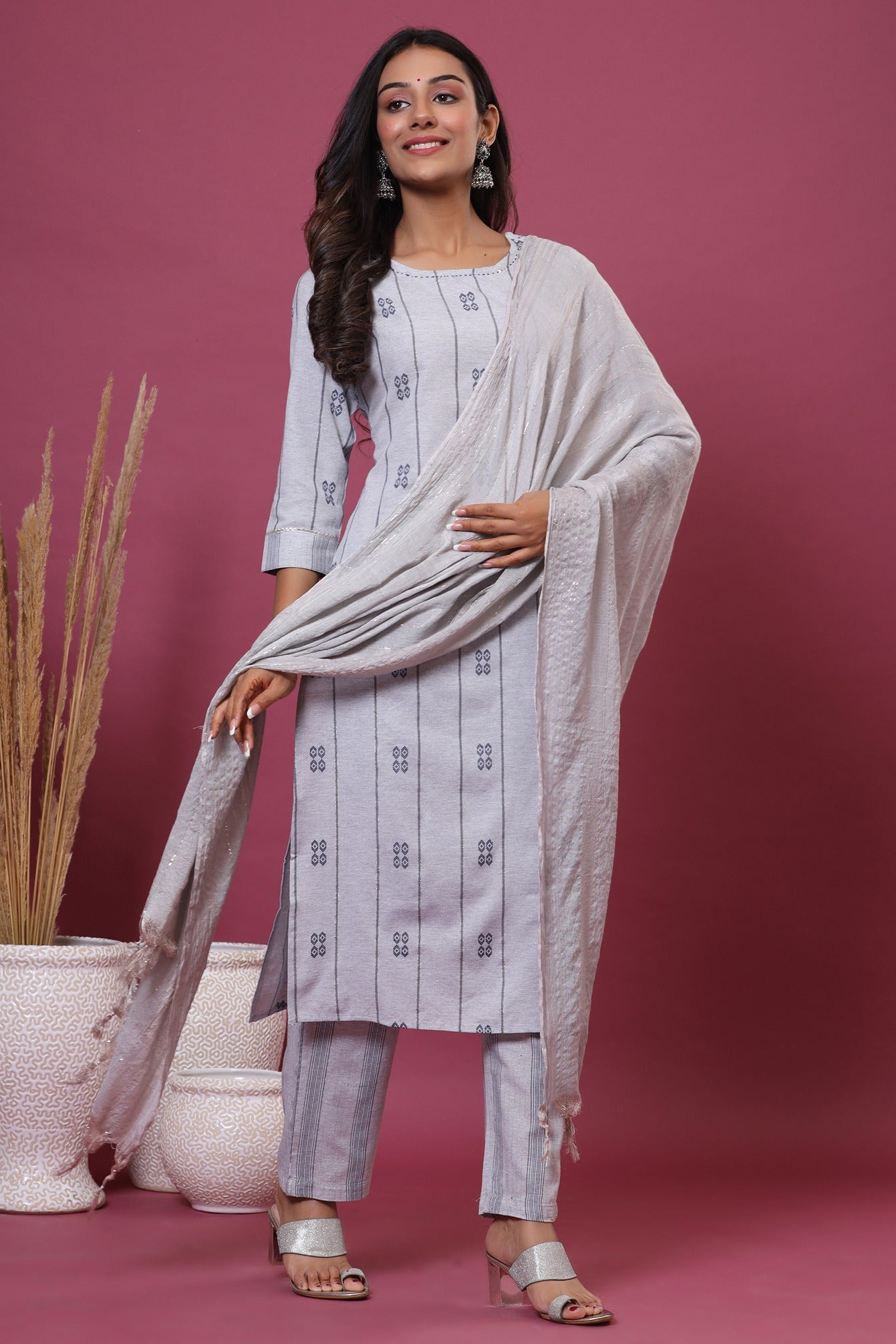 Grey Printed Dupatta Set-Yufta Store-9668SKDGYS