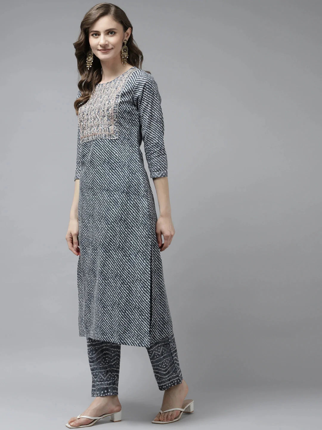 Grey Printed Dupatta Set-Yufta Store-9817SKDGYS